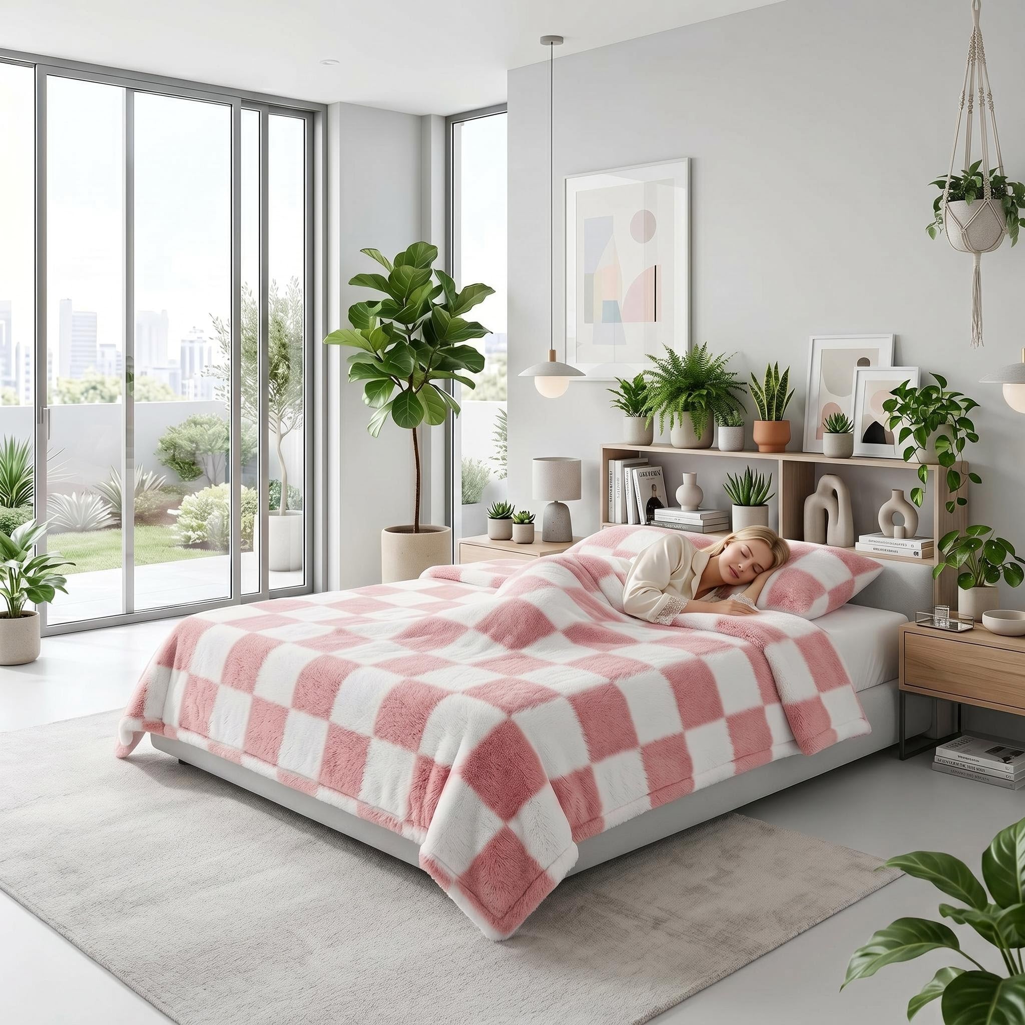 Woman sleeping soundly under a soft, pink and white checkered flannel fleece blanket in a bright bedroom.