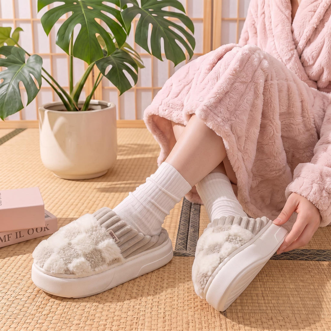 Woman sitting on a bed wearing soft, plush white and beige checkered house slippers with a comfortable slip-on design.