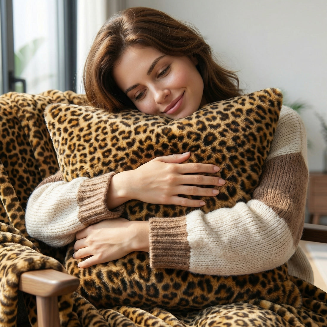 Blonde woman in white pajamas relaxing in a chair, covered by a soft brown cheetah print fleece blanket.