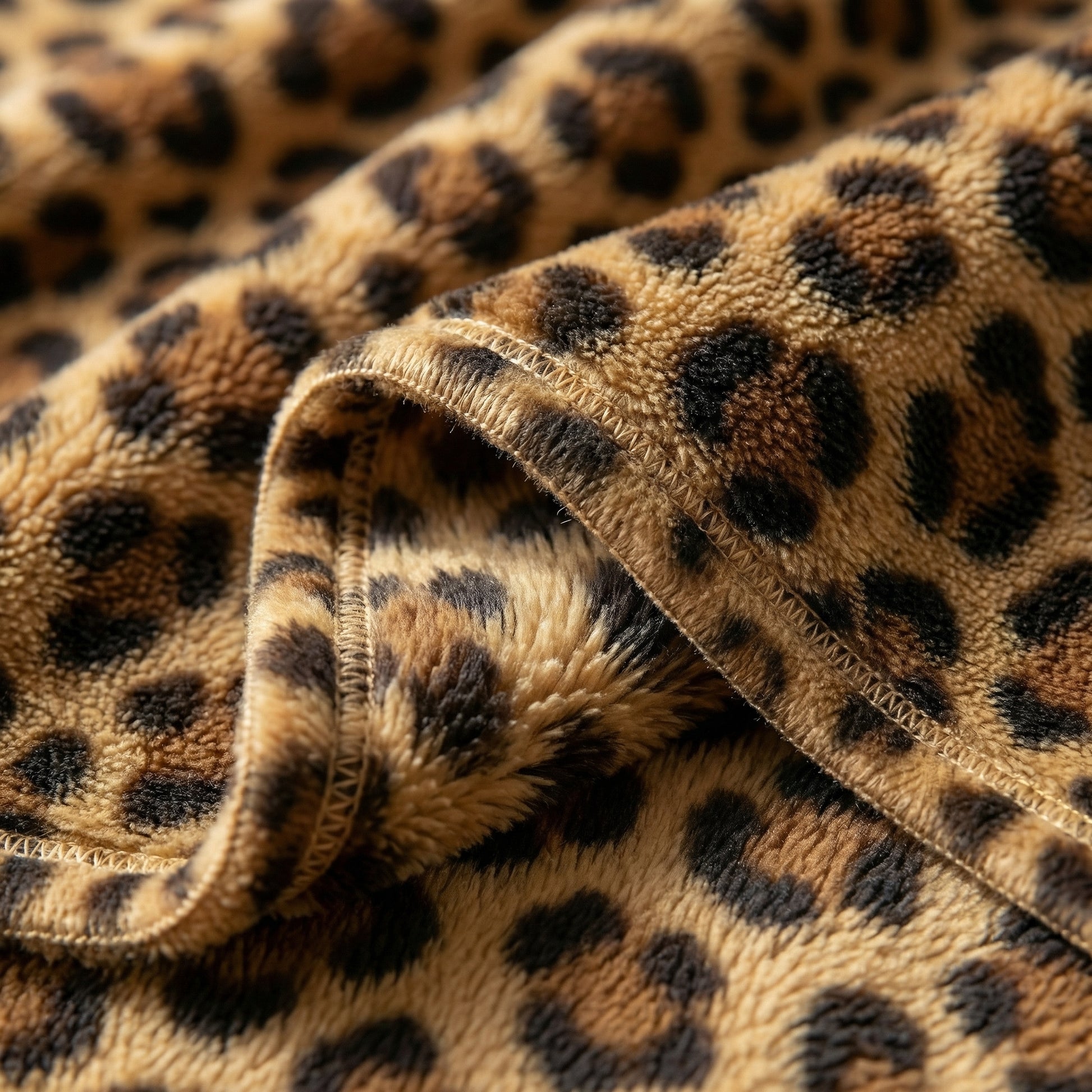 Close-up of a soft, folded cheetah print flannel fleece blanket with visible stitching.