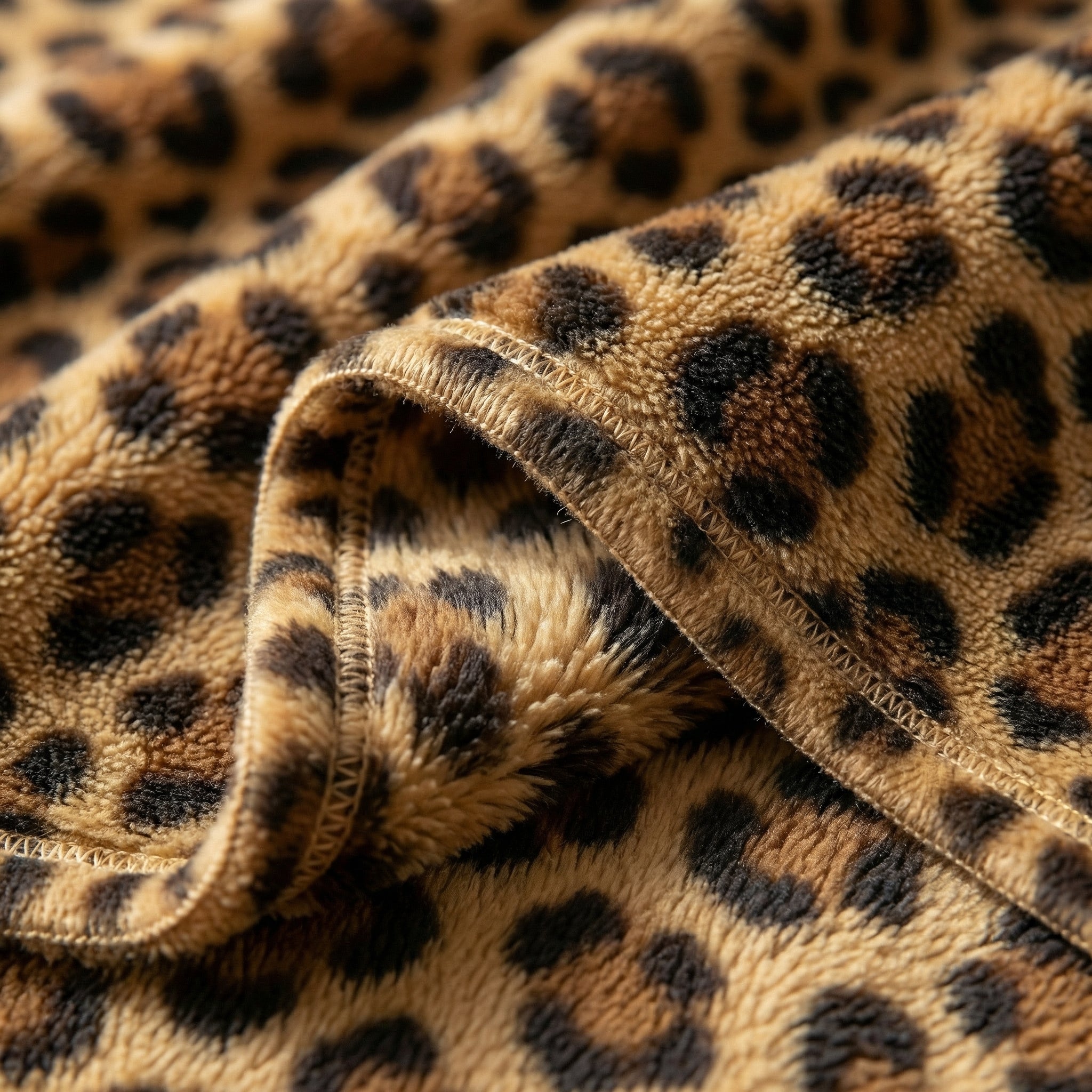 Close-up of a soft, folded cheetah print flannel fleece blanket with visible stitching.