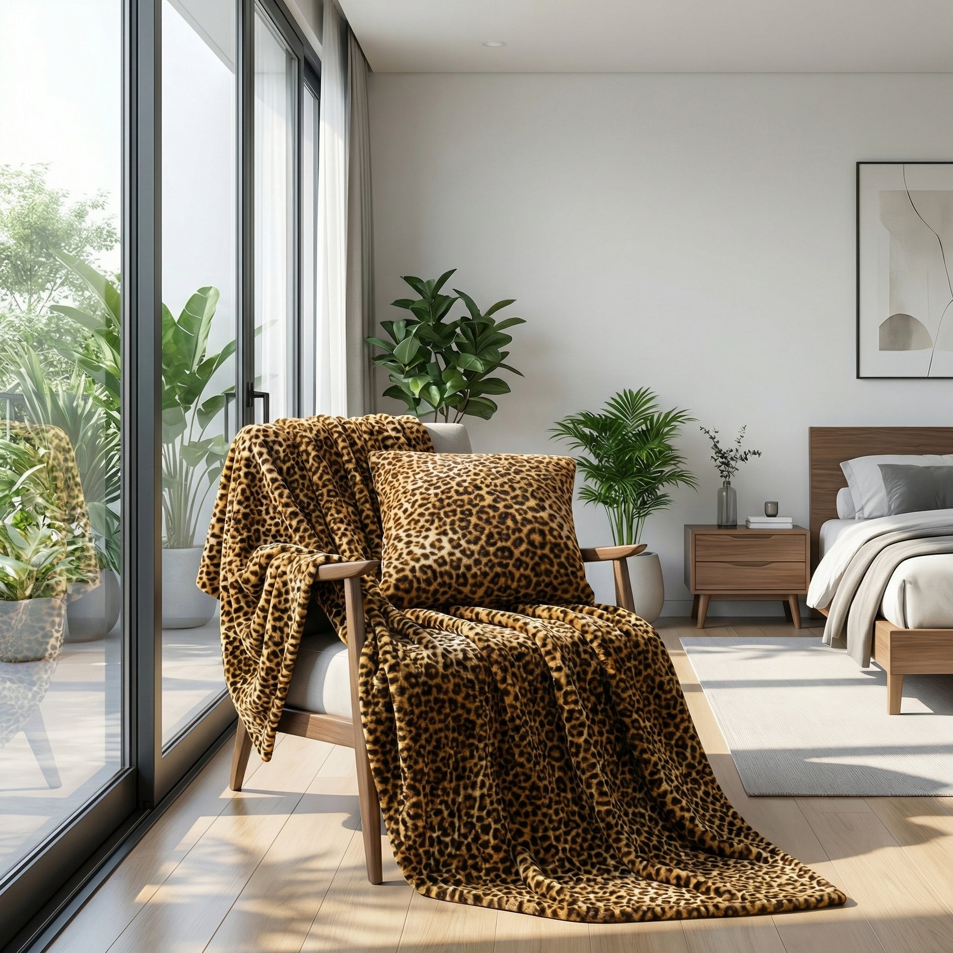 Cheetah print fleece blanket draped over a chair with a matching pillow in a modern bedroom.