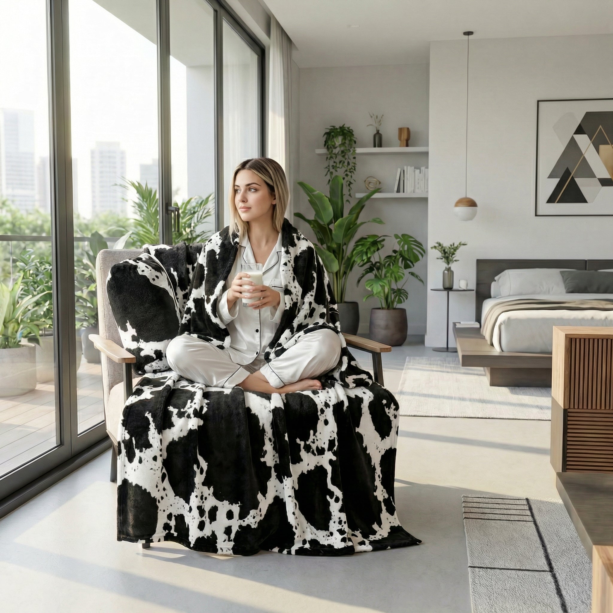 Woman wrapped in a soft black and white cheetah print fleece blanket, relaxing in a modern living space.