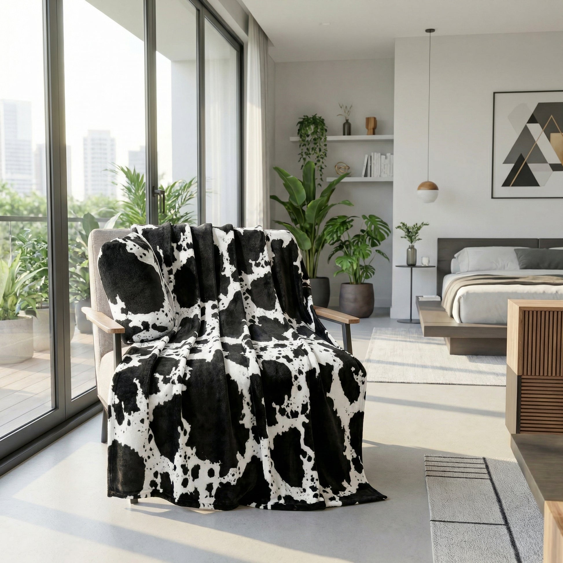 Black and white cow print flannel fleece blanket draped over a modern armchair in a bright room.