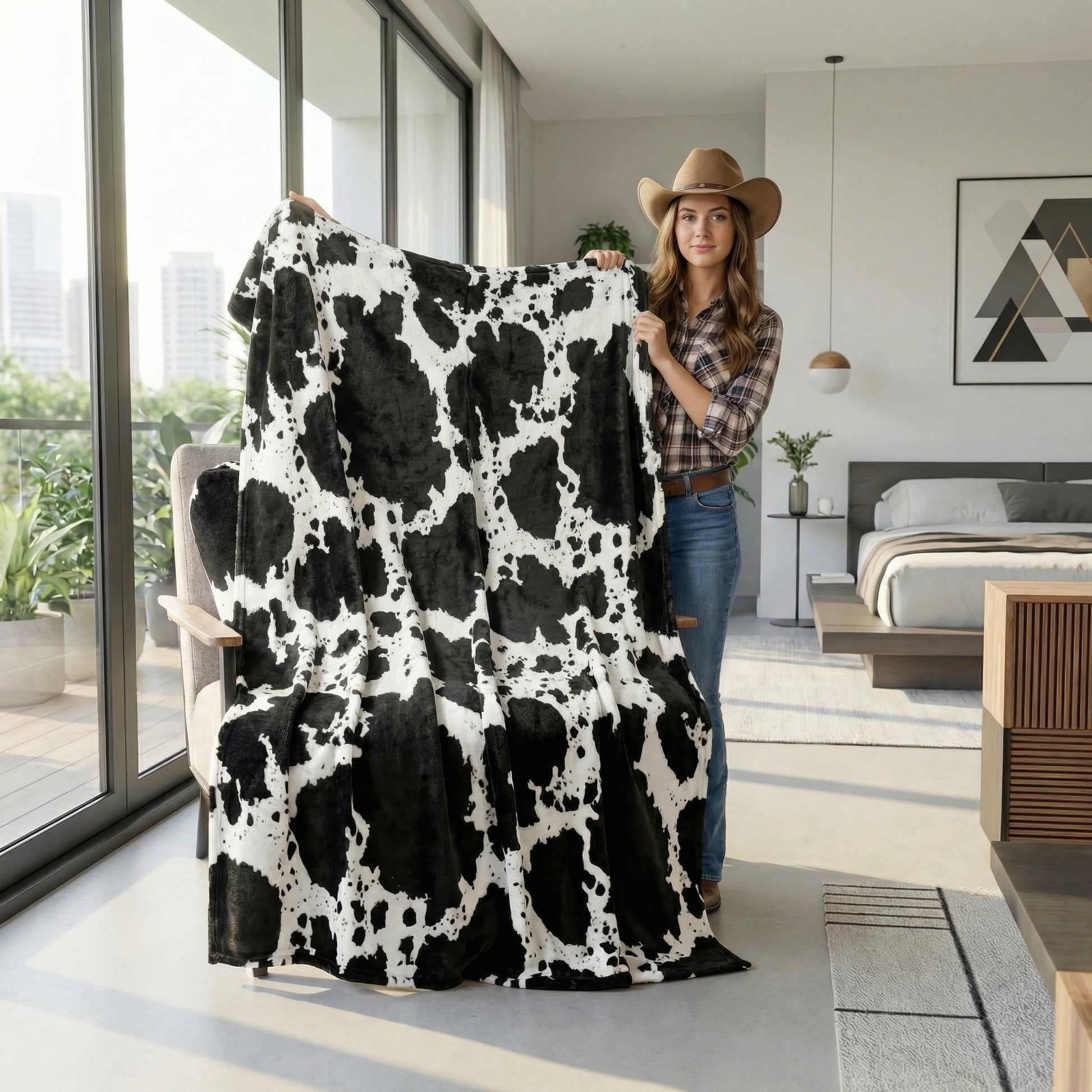 Woman in a cowboy hat holding a black and white cow print flannel fleece throw blanket in a modern living room.
