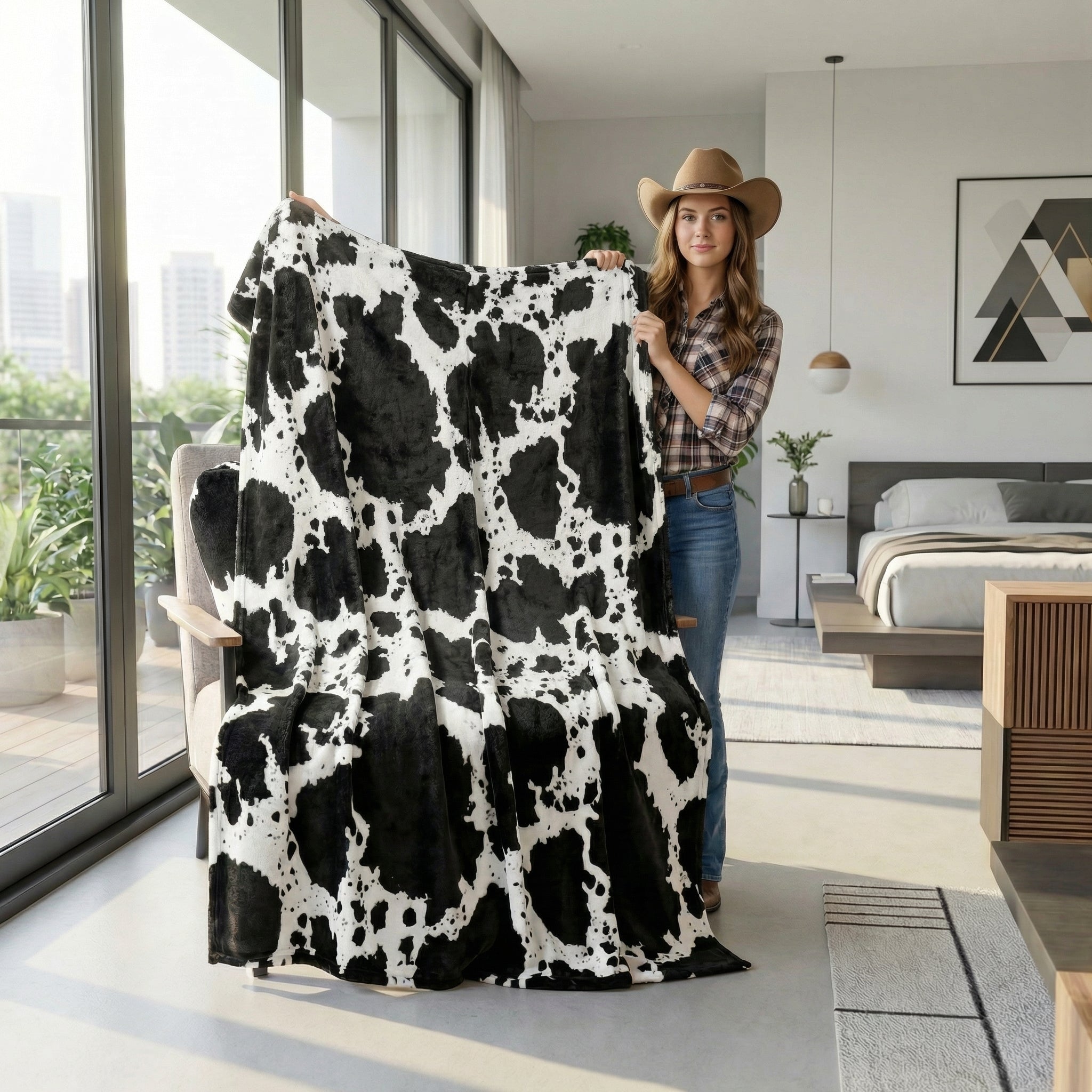 Woman in a cowboy hat holding a black and white cow print flannel fleece throw blanket in a modern living room.