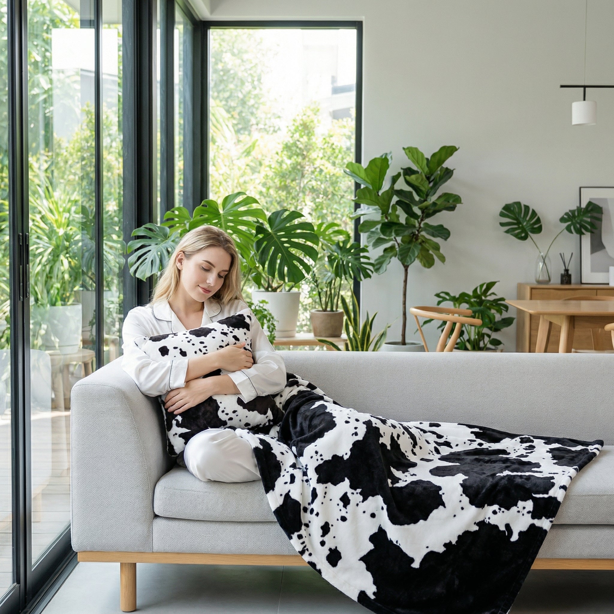 Woman on a grey sofa with a black and white cow print fleece blanket and matching pillow.