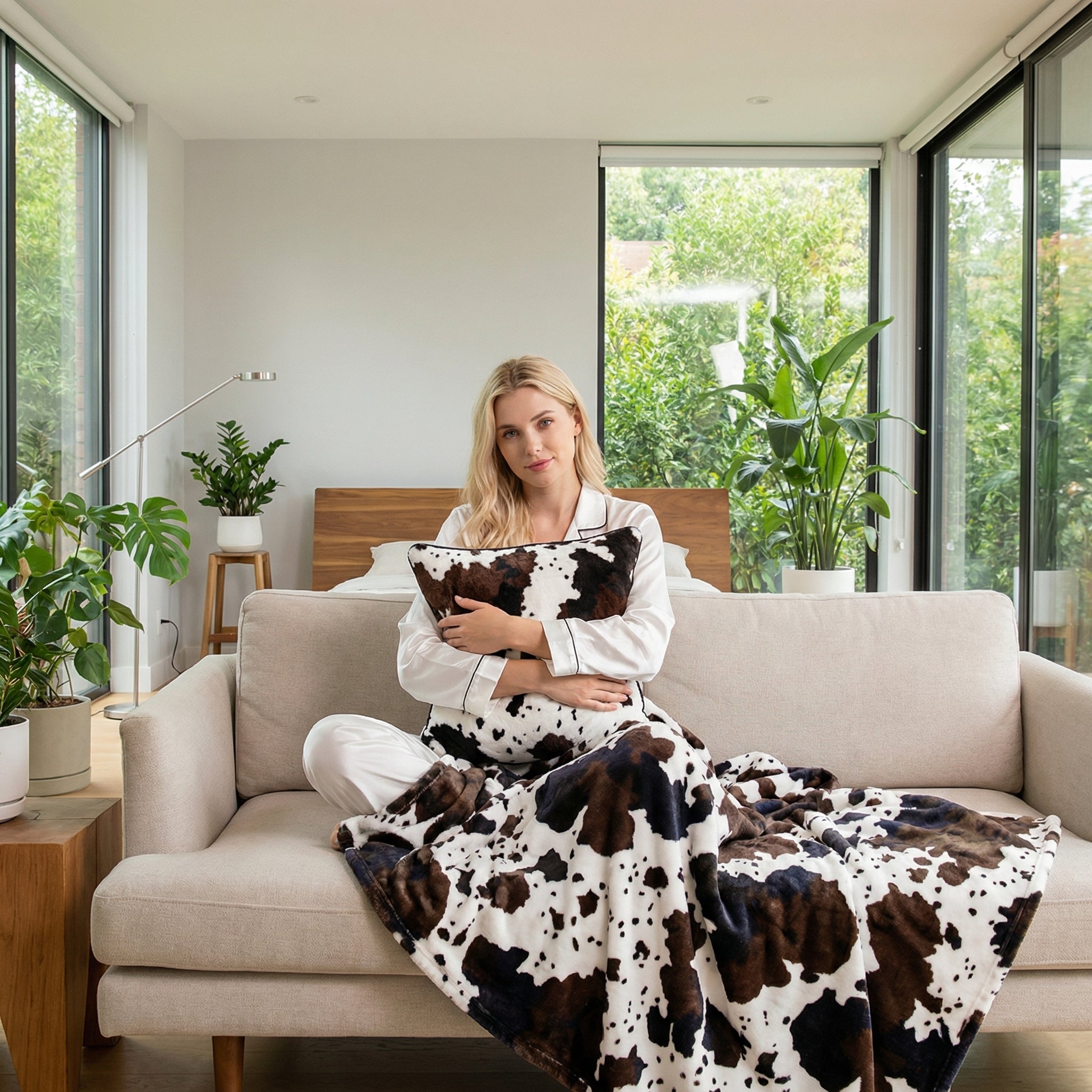 Blonde woman on a sofa, wrapped in a soft brown and white cow print fleece blanket, holding a matching pillow.