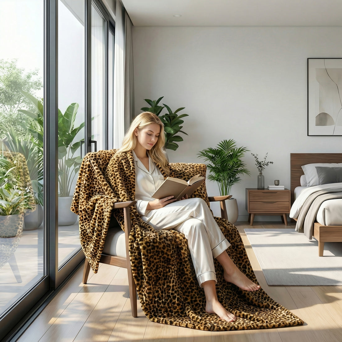 Blonde woman in white pajamas relaxing in a chair, covered by a soft brown cheetah print fleece blanket.