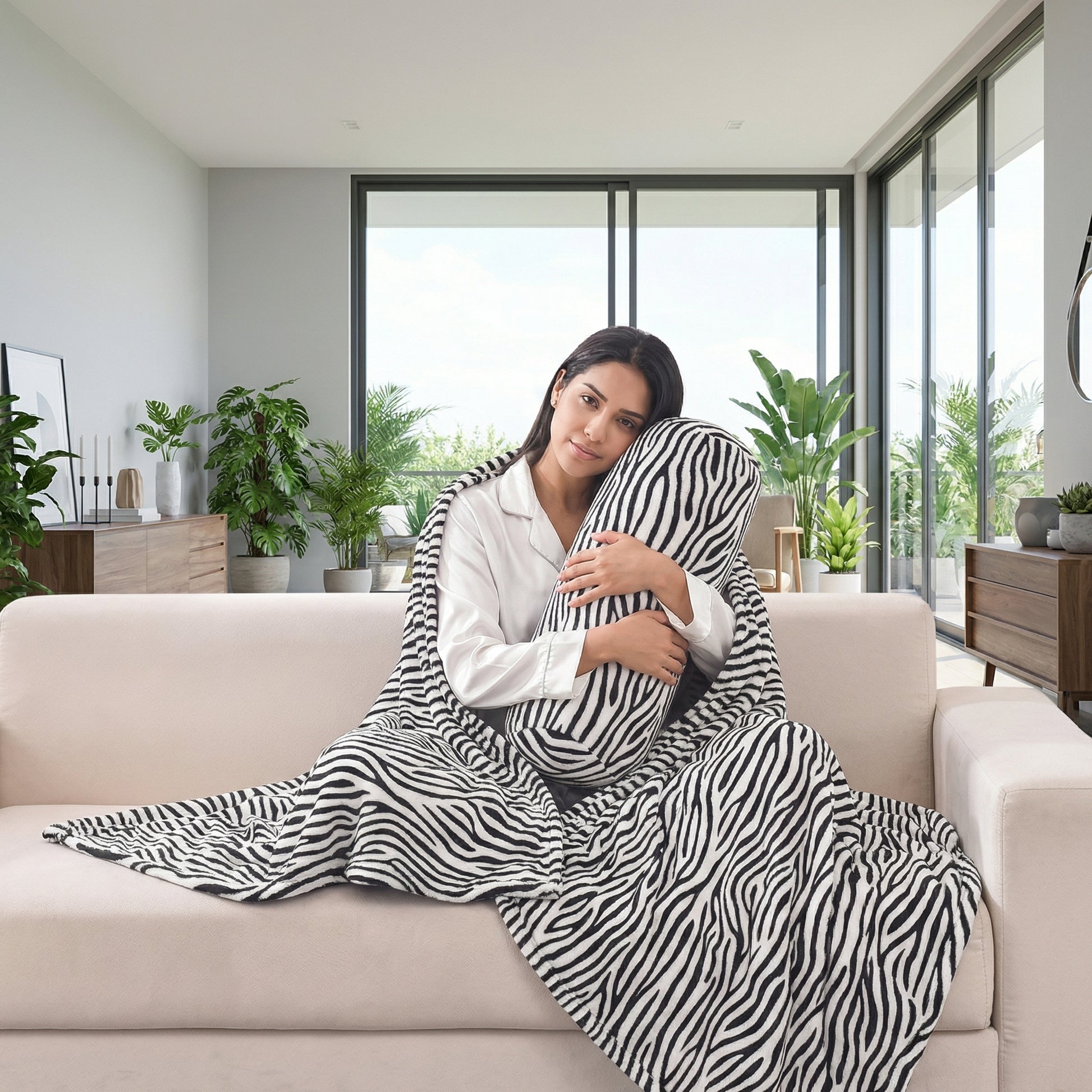 Woman on a sofa wrapped in a soft black and white zebra print fleece blanket, holding a matching bolster pillow.