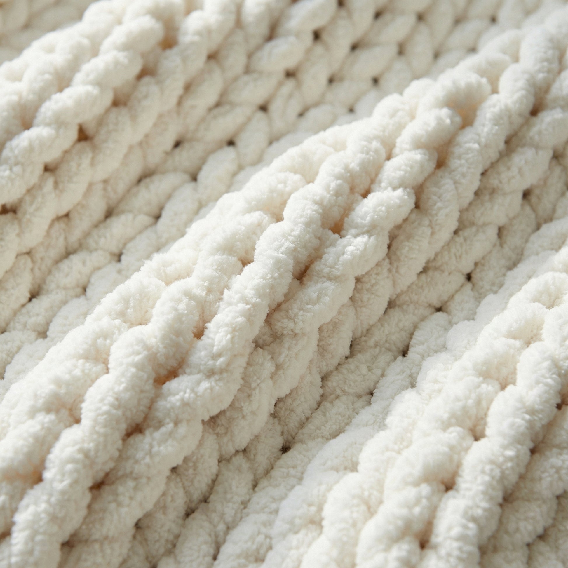 Close-up of a soft, cream-colored chenille knit throw blanket with a chunky diamond pattern.