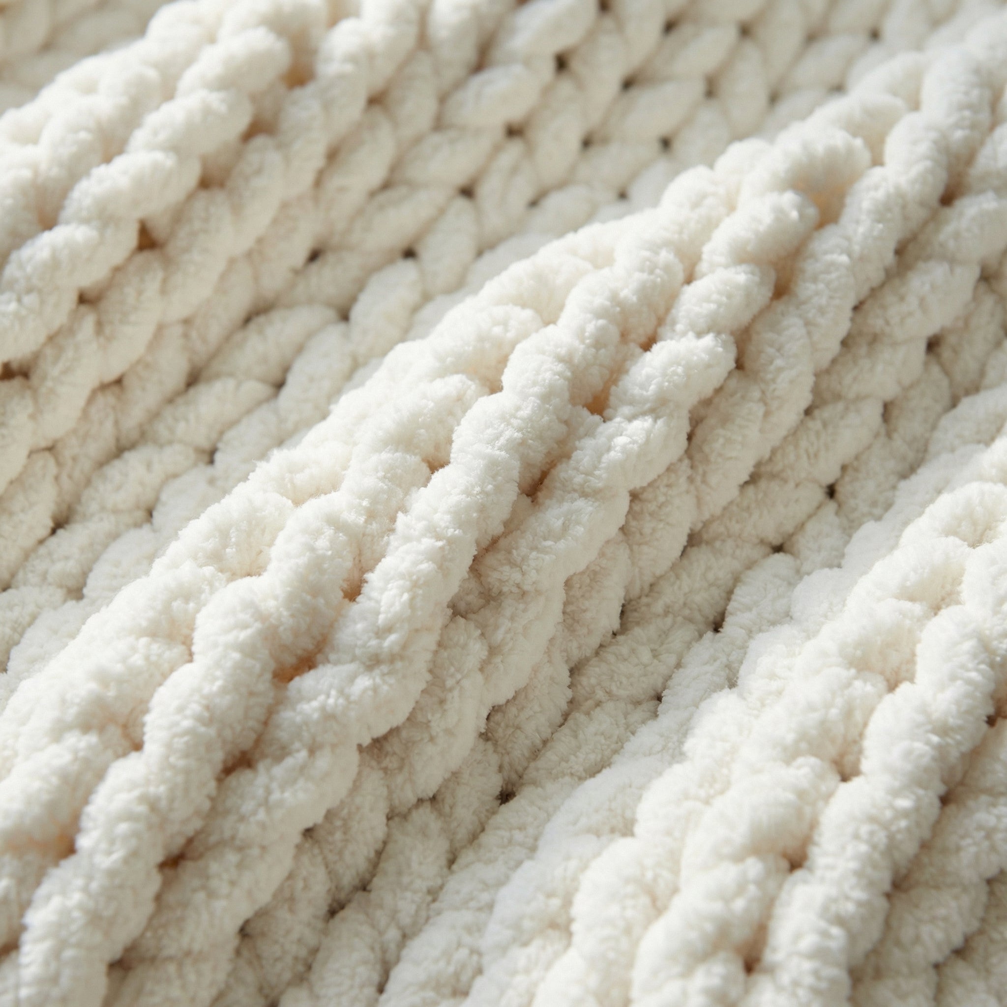 Close-up of a soft, cream-colored chenille knit throw blanket with a chunky diamond pattern.