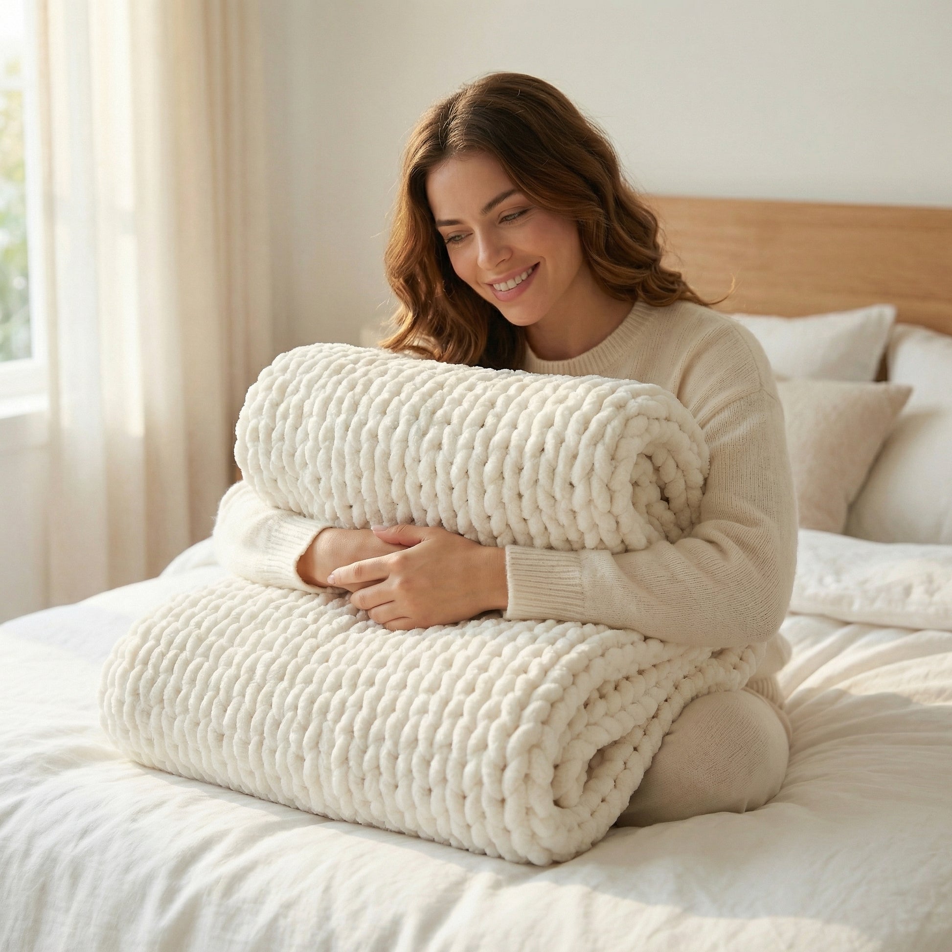 Smiling woman in a cream sweater holding a folded cream chenille knit throw blanket with a chunky diamond pattern.