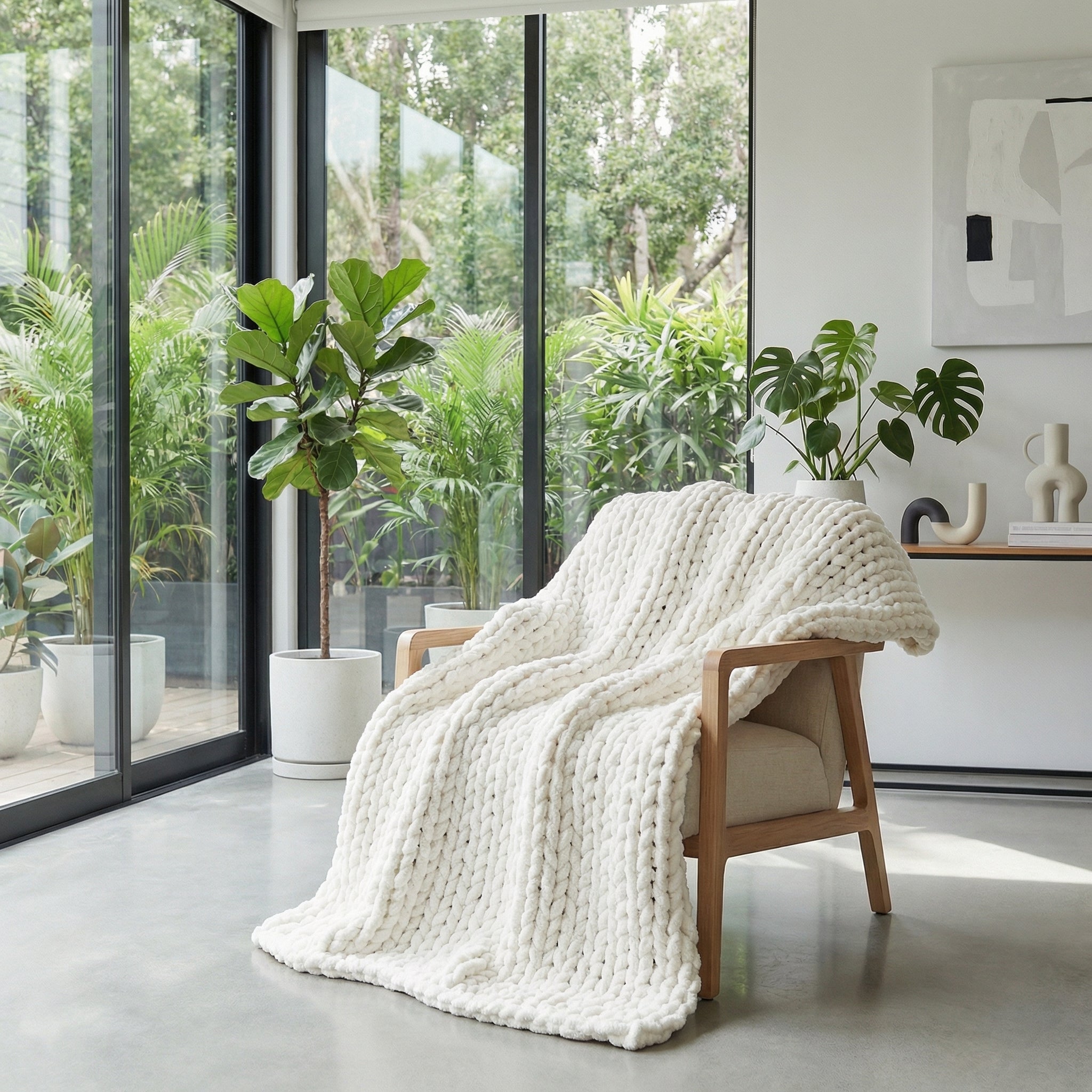Chunky knit white chenille throw blanket draped over a light wood armchair in a modern living room.