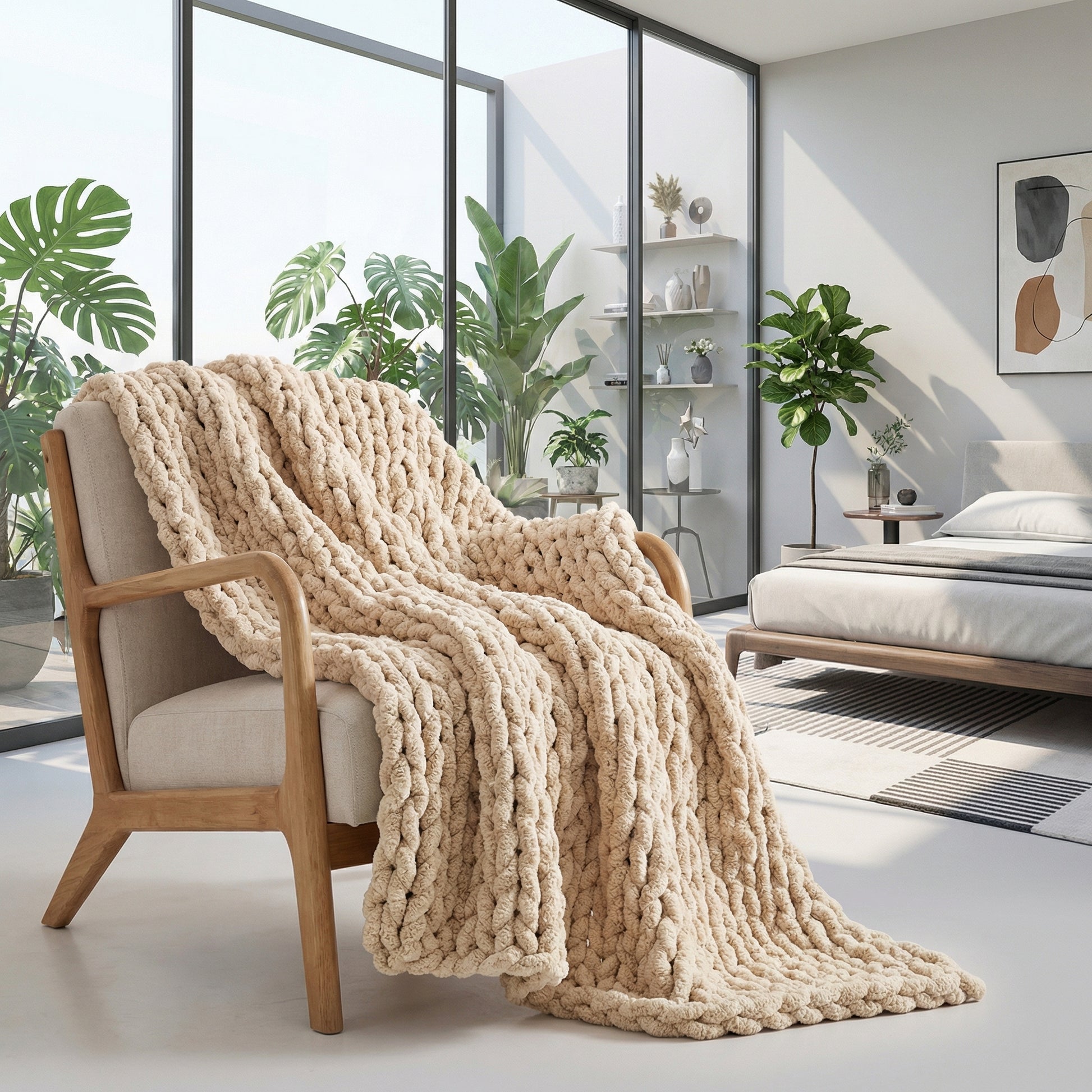Chunky knit chenille throw blanket in a light beige color draped over a modern armchair in a bright room.