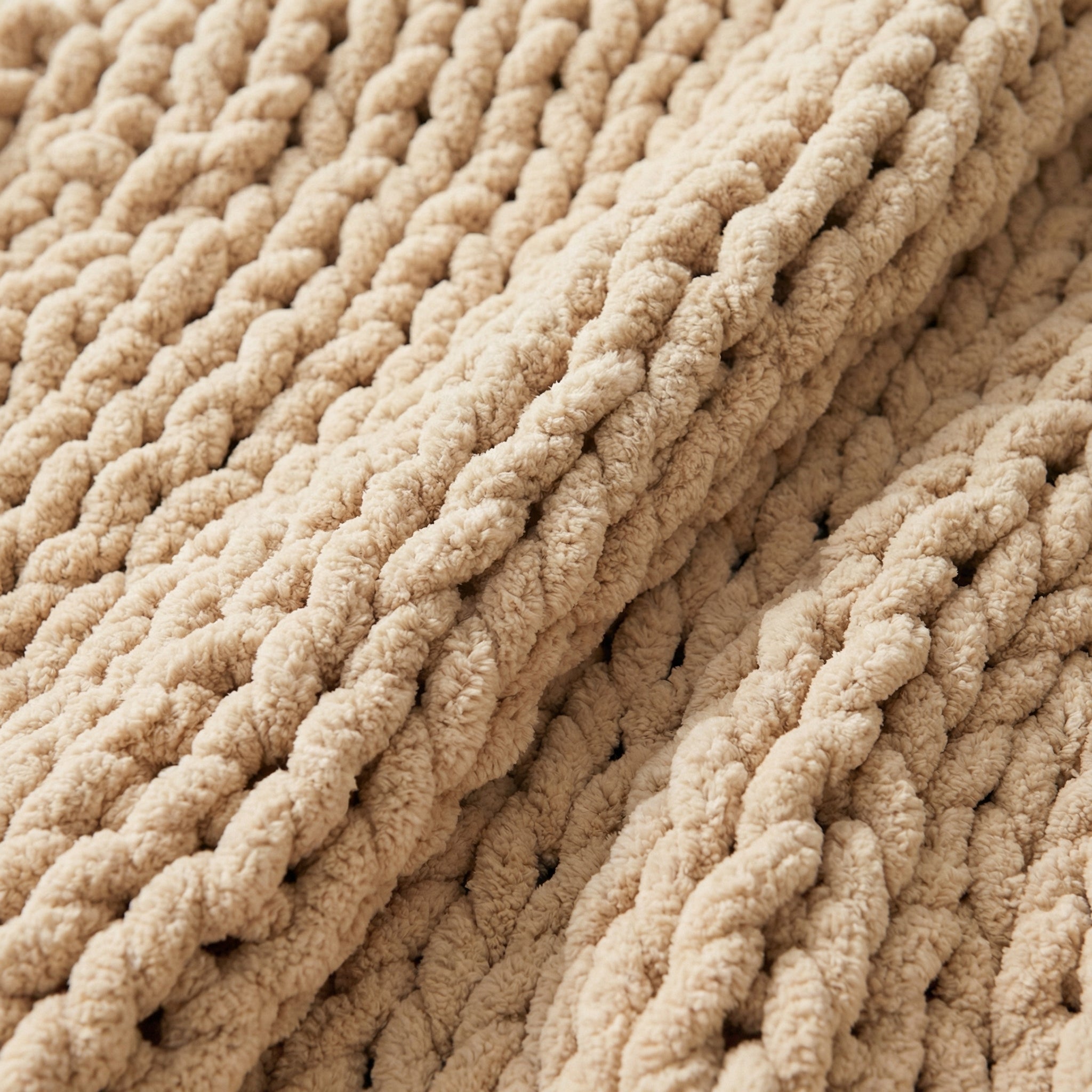 Close-up of a soft, chunky knit chenille throw blanket in a warm beige color, showing its textured diamond pattern.
