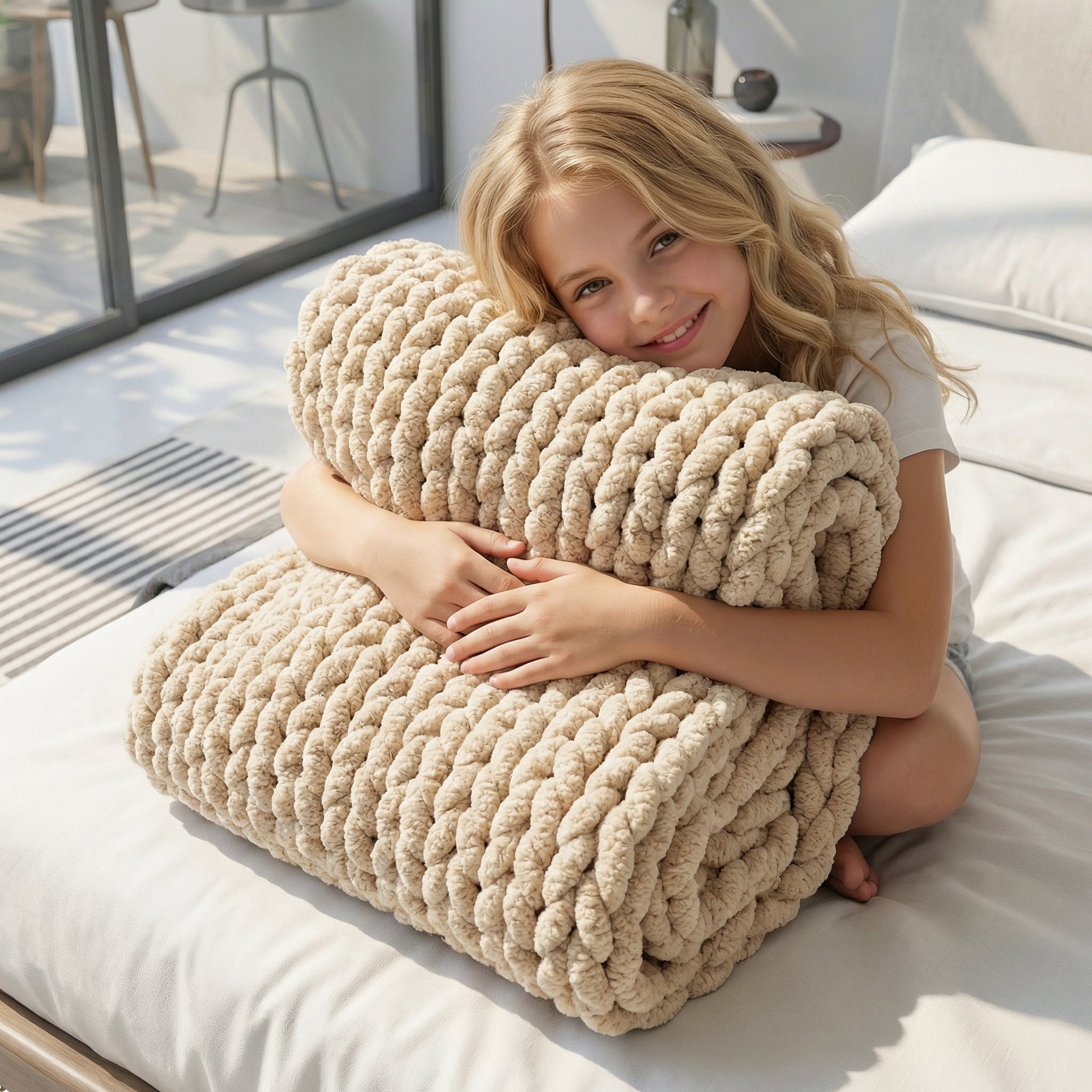 Blonde girl hugging a cozy, chunky knit beige chenille throw blanket on a bed.