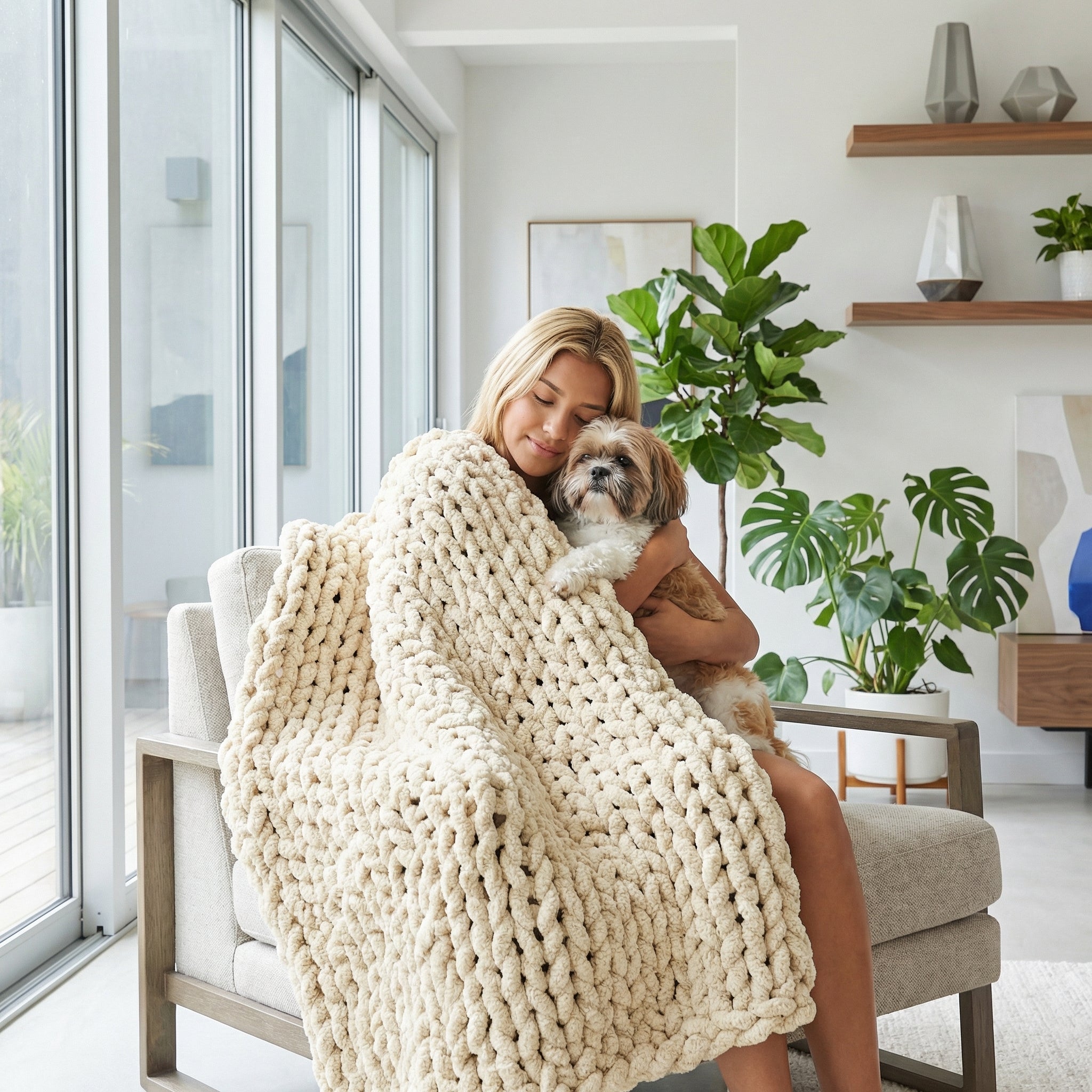 Blonde woman cuddles a dog under a cozy, chunky knit cream chenille throw blanket in a modern living room.