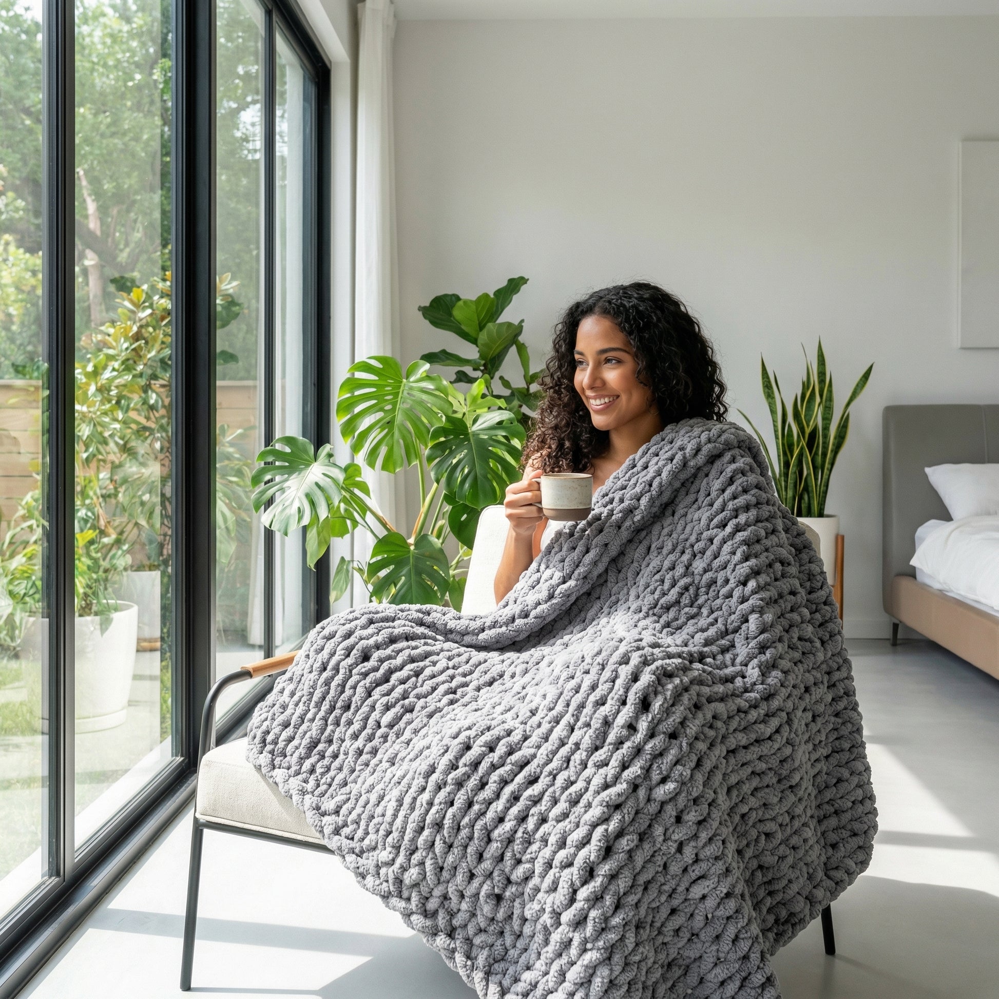 Smiling woman wrapped in a cozy, chunky knit gray chenille throw blanket, holding a mug by a large window.