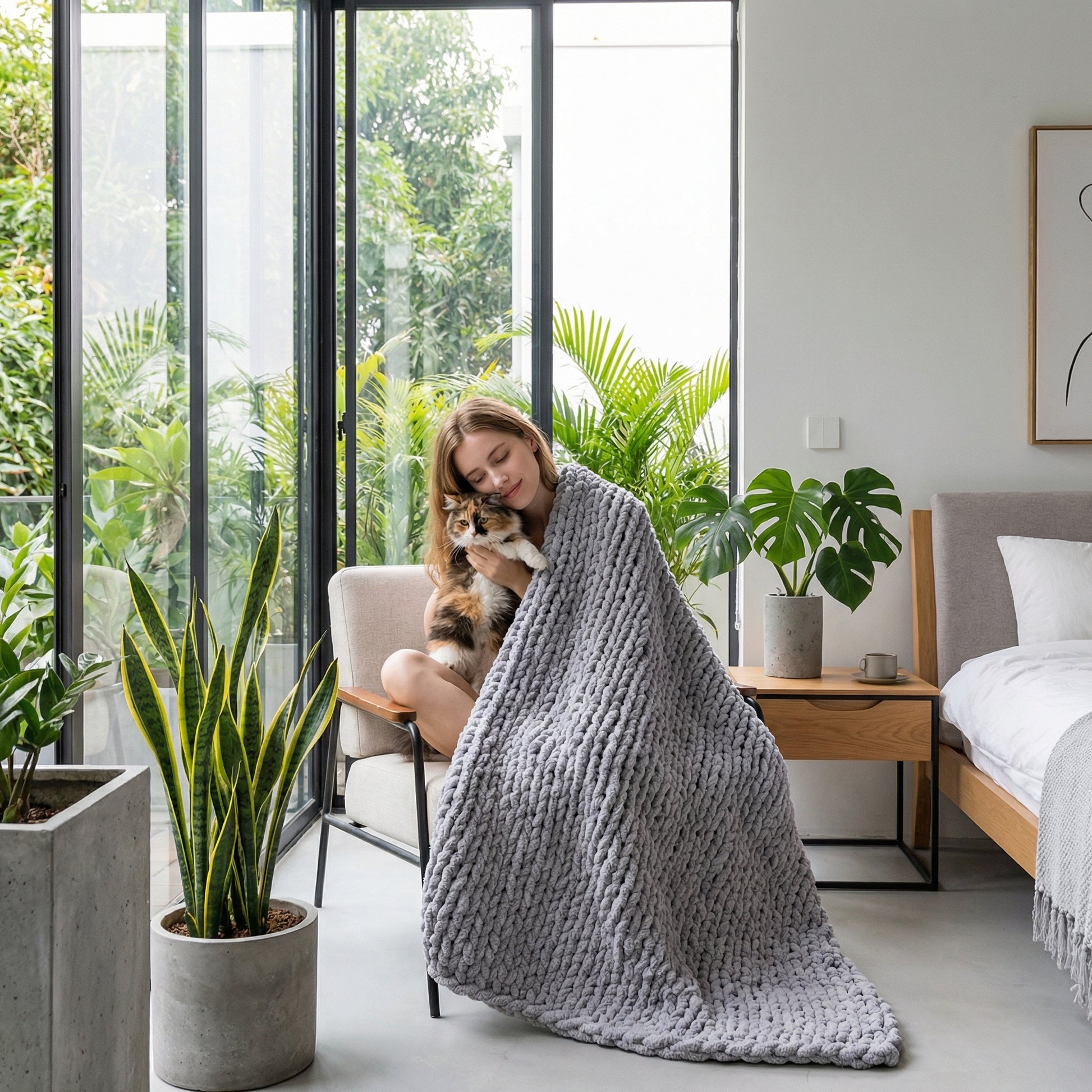 Woman on a chair with a cat, cozy under a large, chunky knit gray chenille throw blanket.