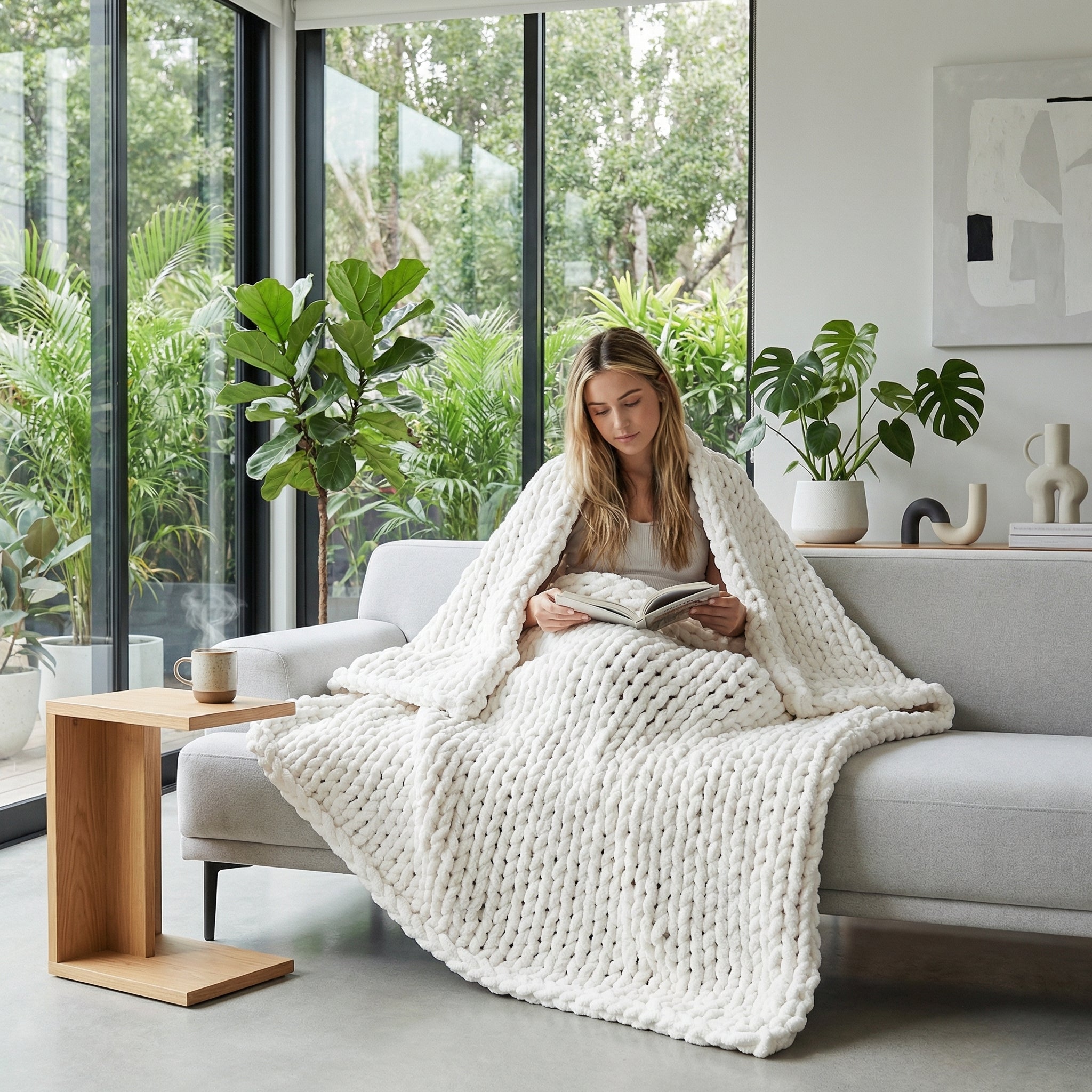 Woman wrapped in a cozy, chunky knit white throw blanket on a light gray sofa, reading a book.