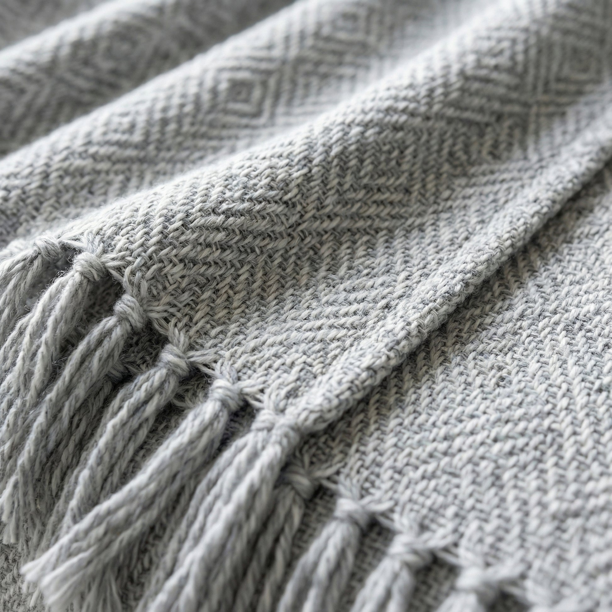 Light gray chenille throw blanket with diamond weave pattern and fringes, 50x60 inches.