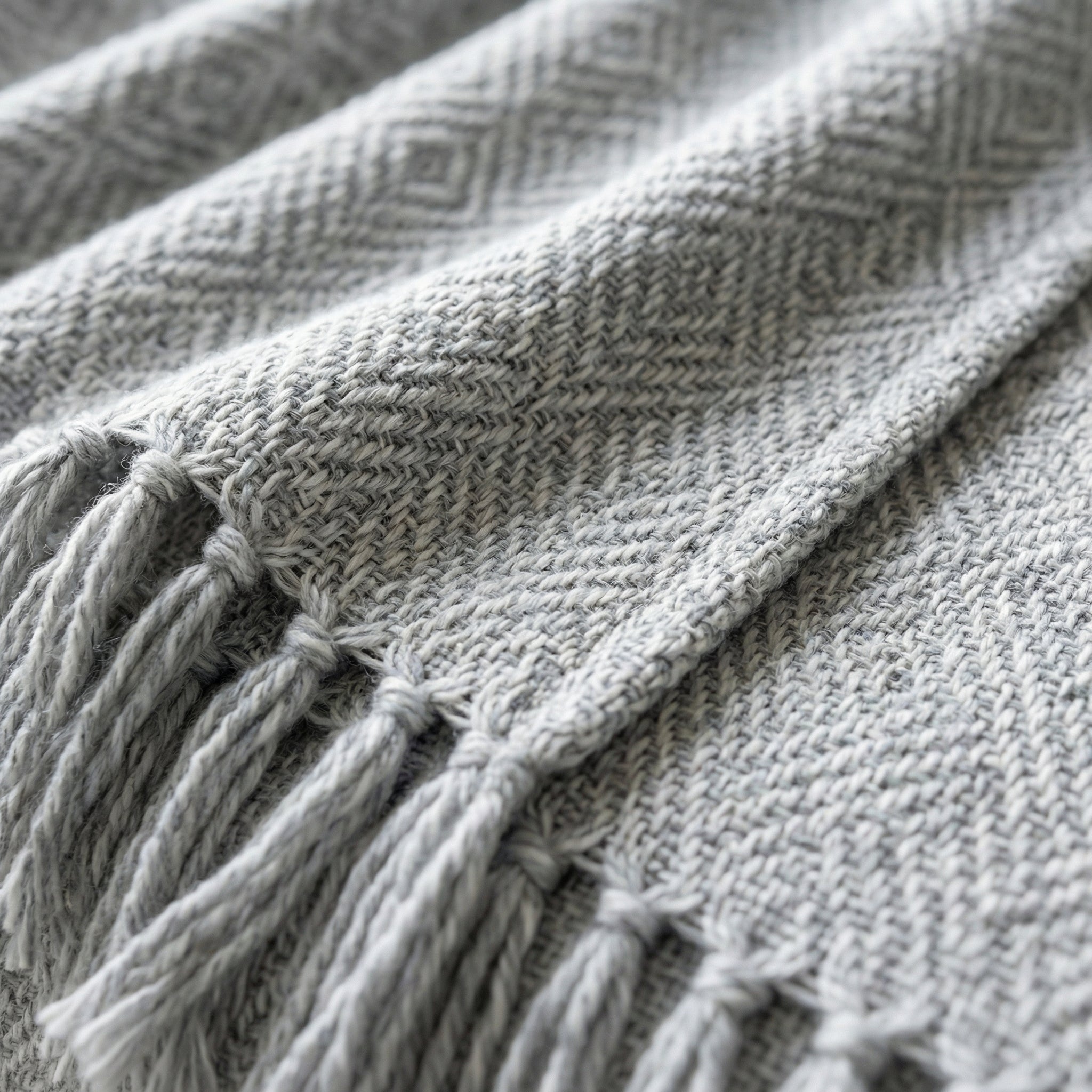 Light gray chenille throw blanket with diamond weave pattern and fringes, 50x60 inches.