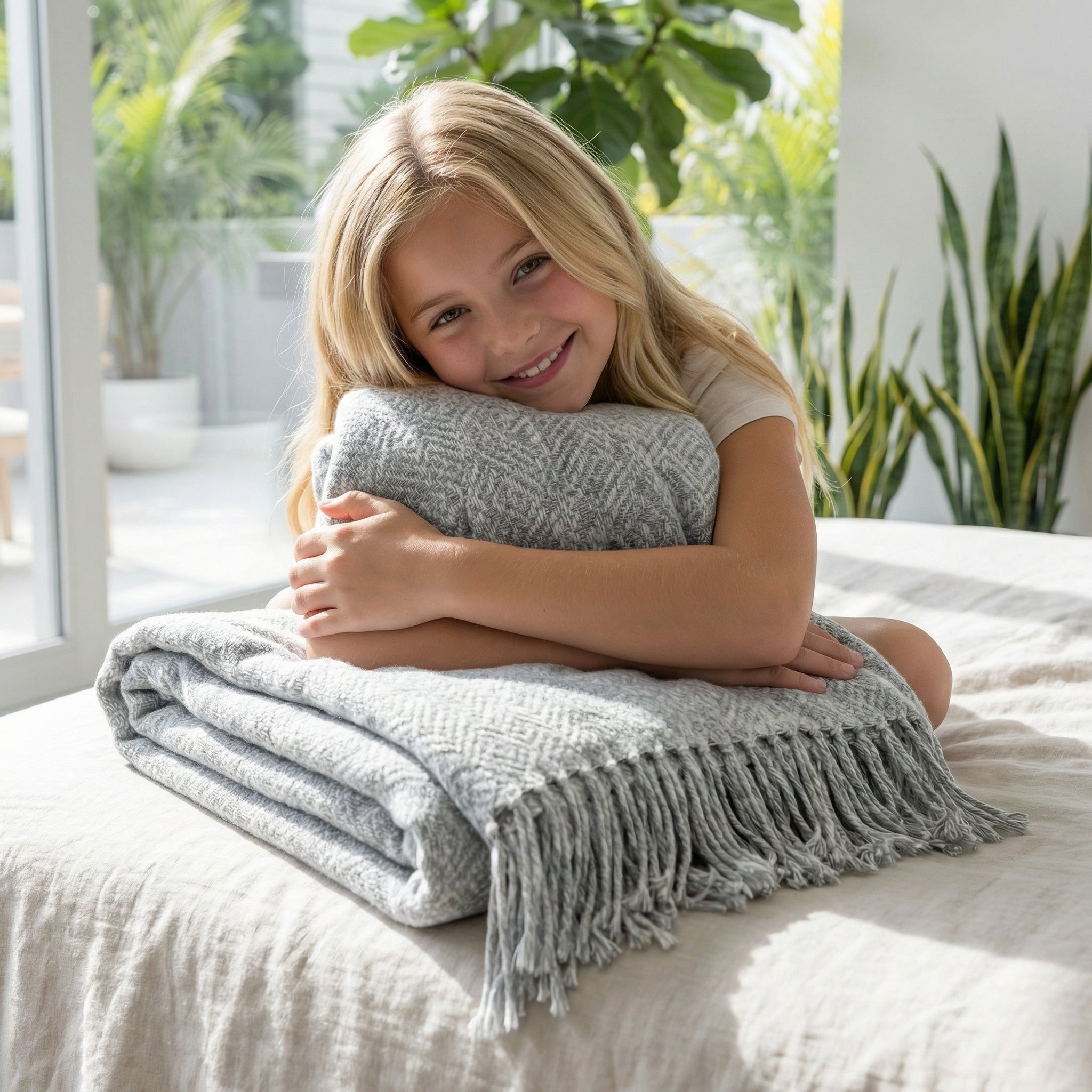 Smiling girl hugging a folded gray chenille throw blanket with fringes on a bed.