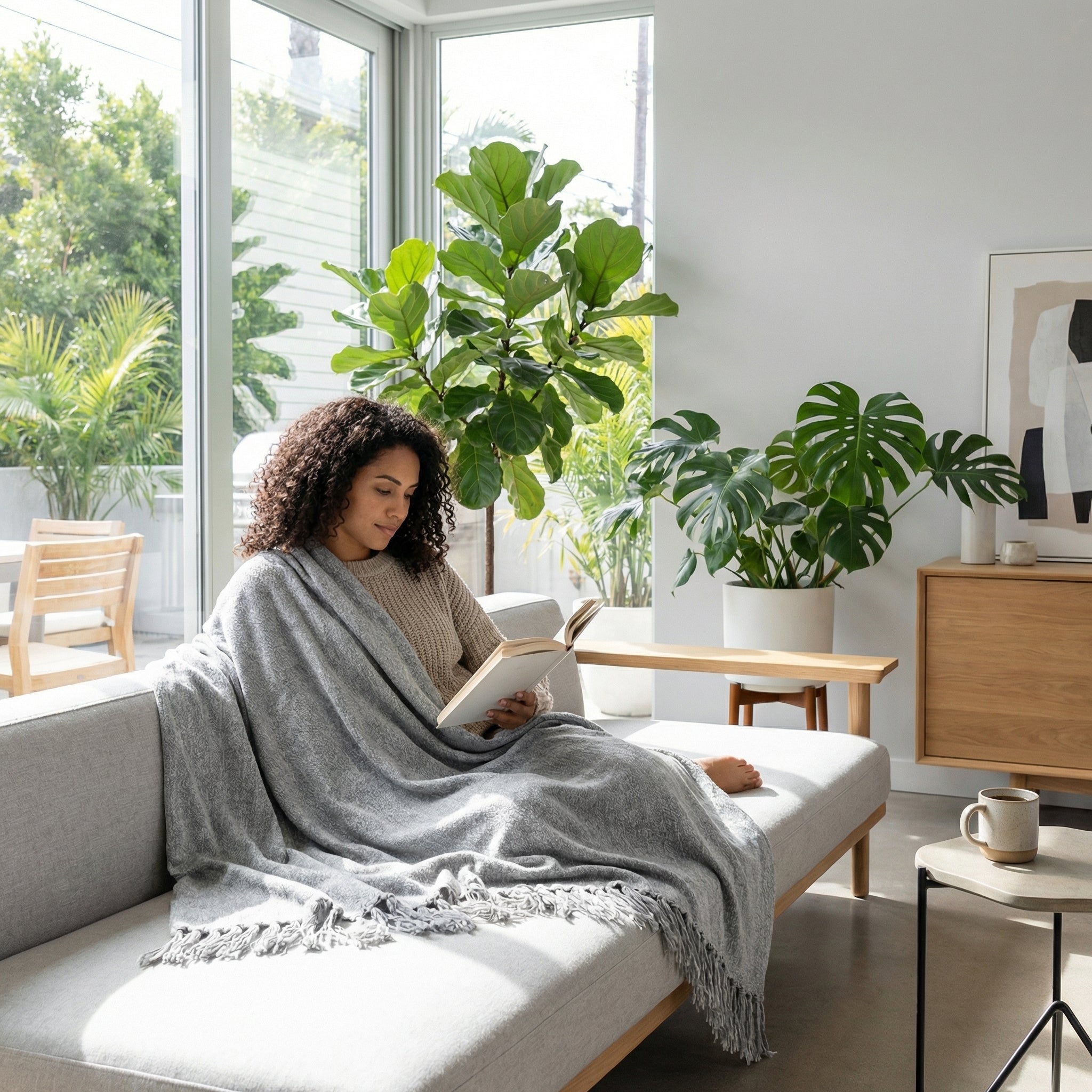 Woman relaxing on a light gray couch, covered by a solid gray chenille throw blanket with fringes, reading a book.