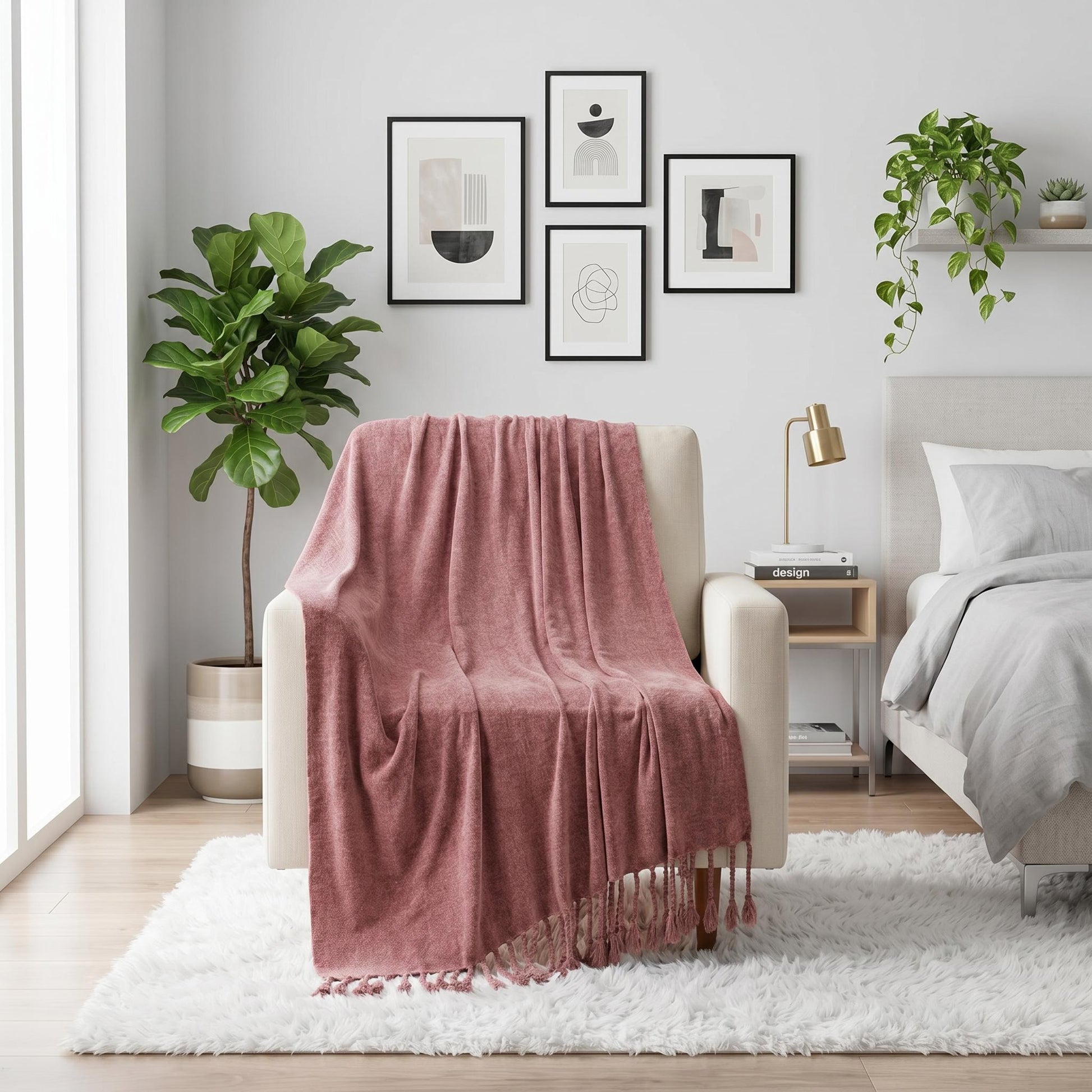 Pink chenille throw blanket with fringe tassels draped over a cream armchair in a modern bedroom.