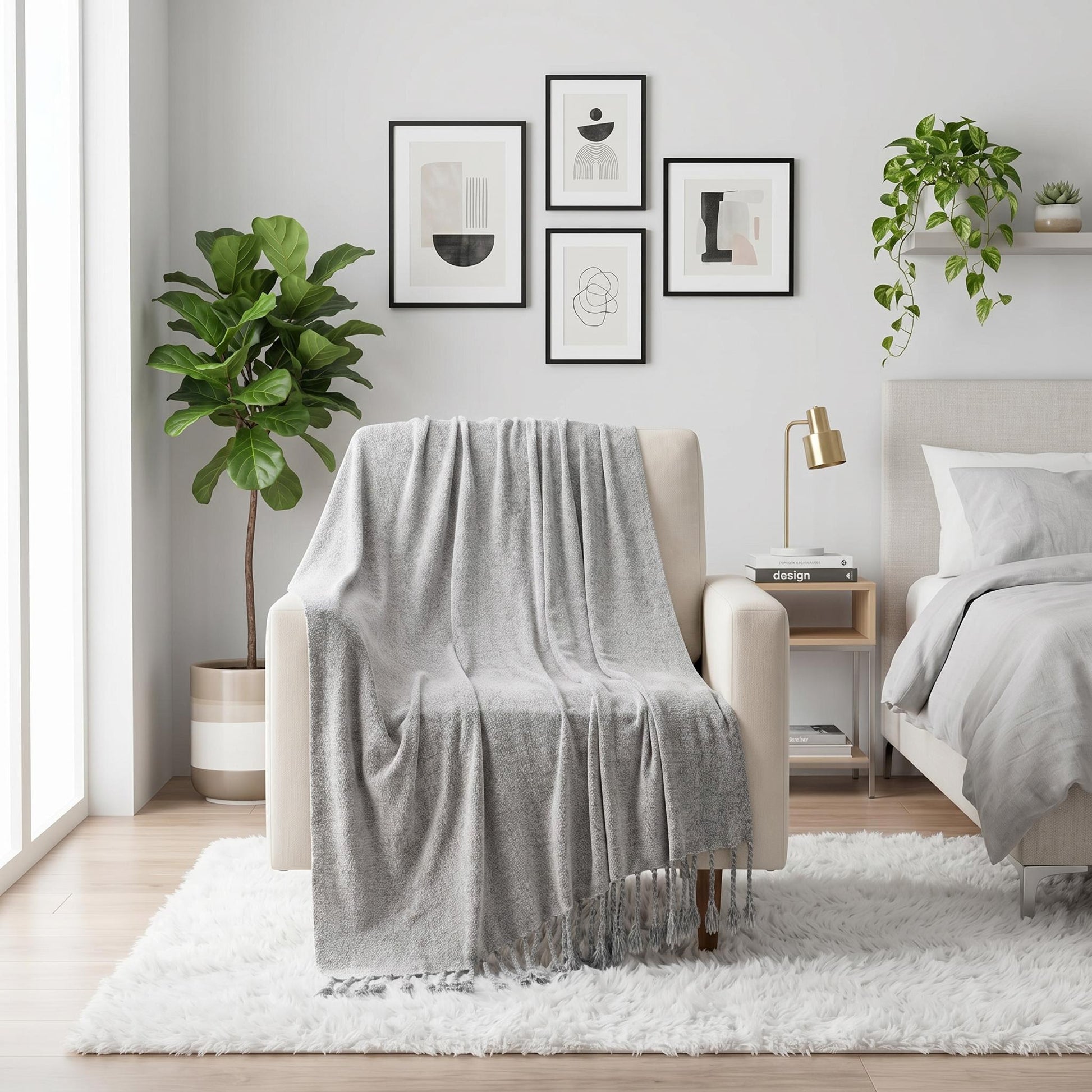 Light gray chenille throw blanket with fringe tassels draped over a cream armchair in a modern bedroom.