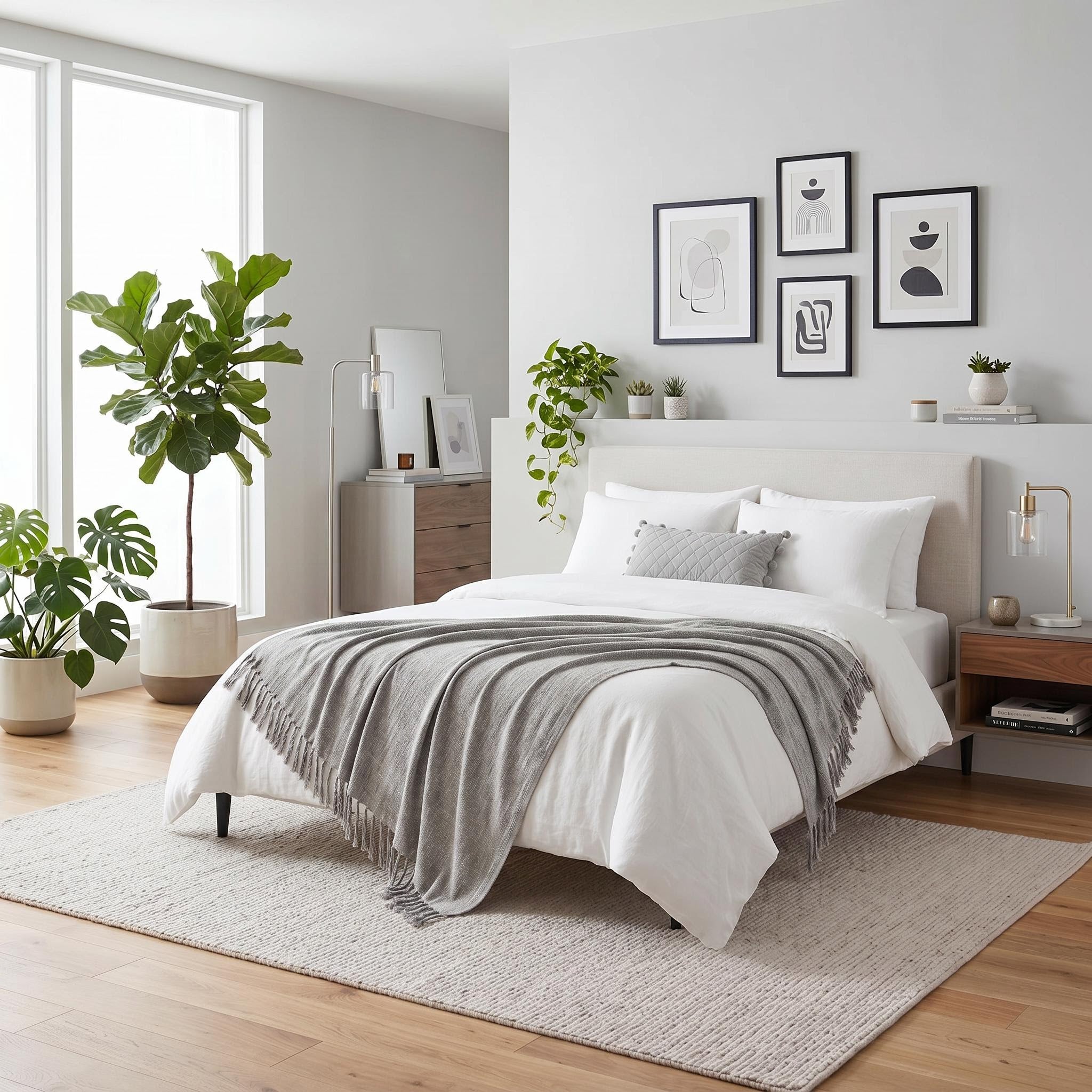 Light gray chenille throw blanket with fringe tassels draped over a white bed in a modern bedroom.