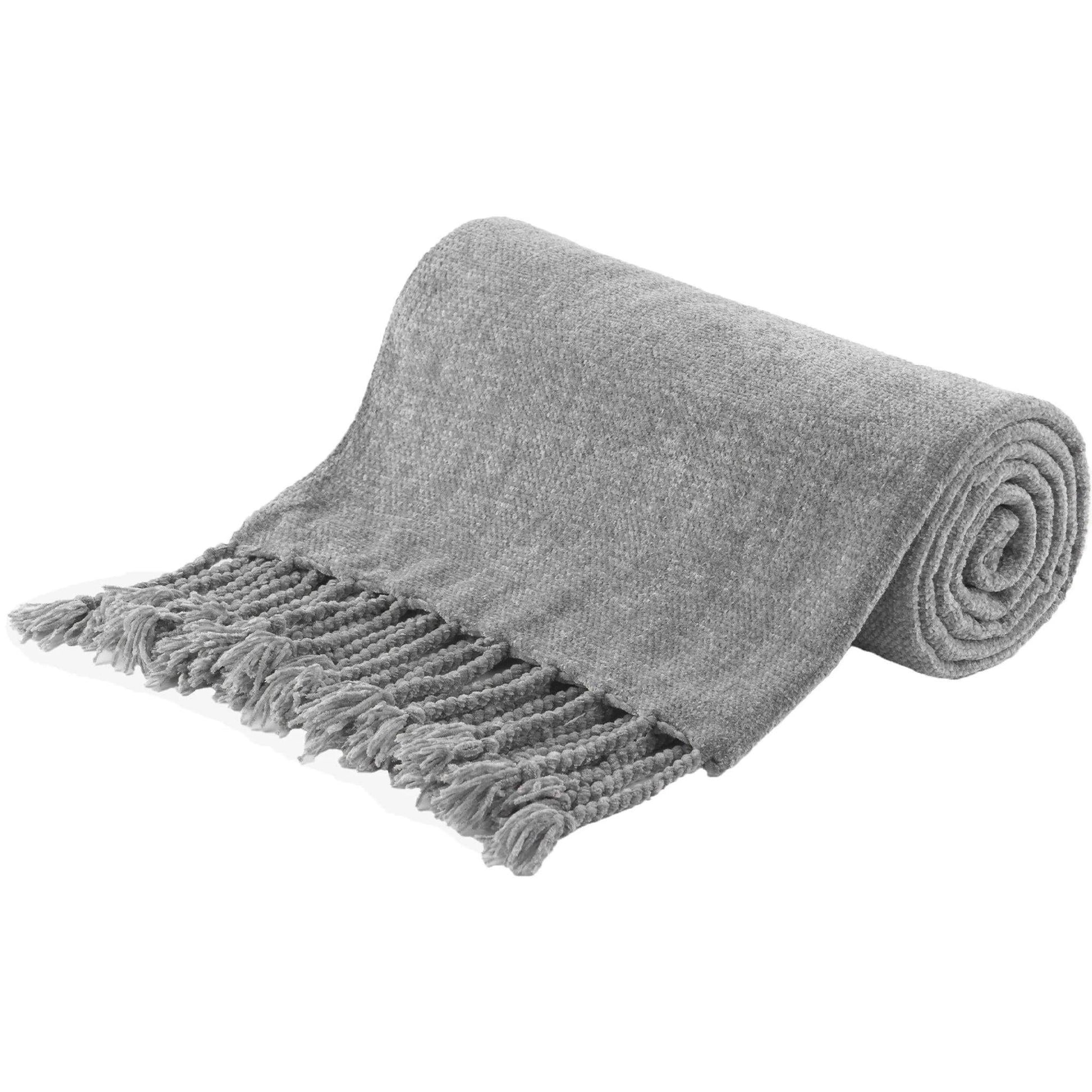 Rolled gray chenille throw blanket with fringe tassels, made from soft, breathable polyester.