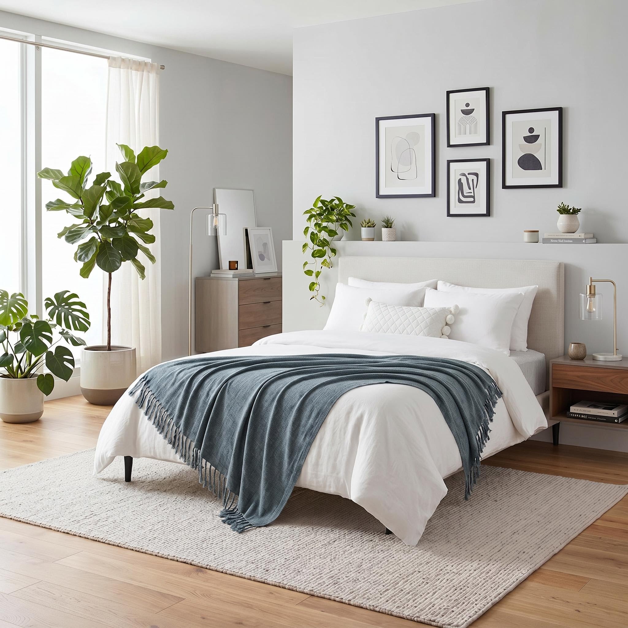 Blue chenille throw blanket with fringe tassels draped over a white bed in a modern bedroom.