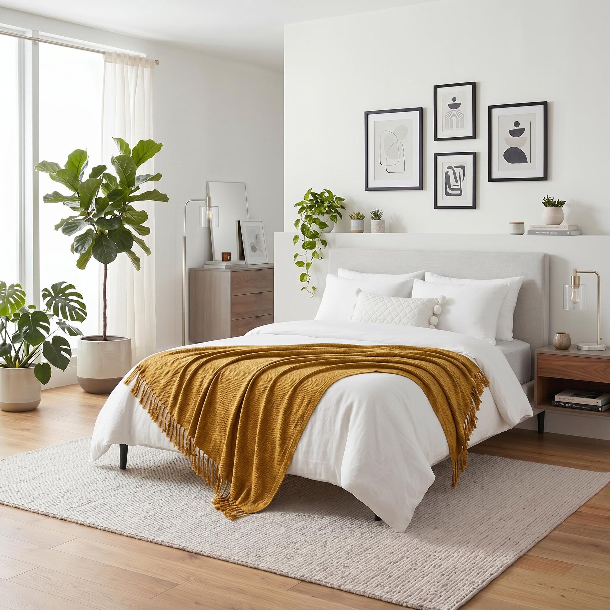 Mustard yellow chenille throw blanket with fringe tassels draped over a white bed in a modern bedroom.