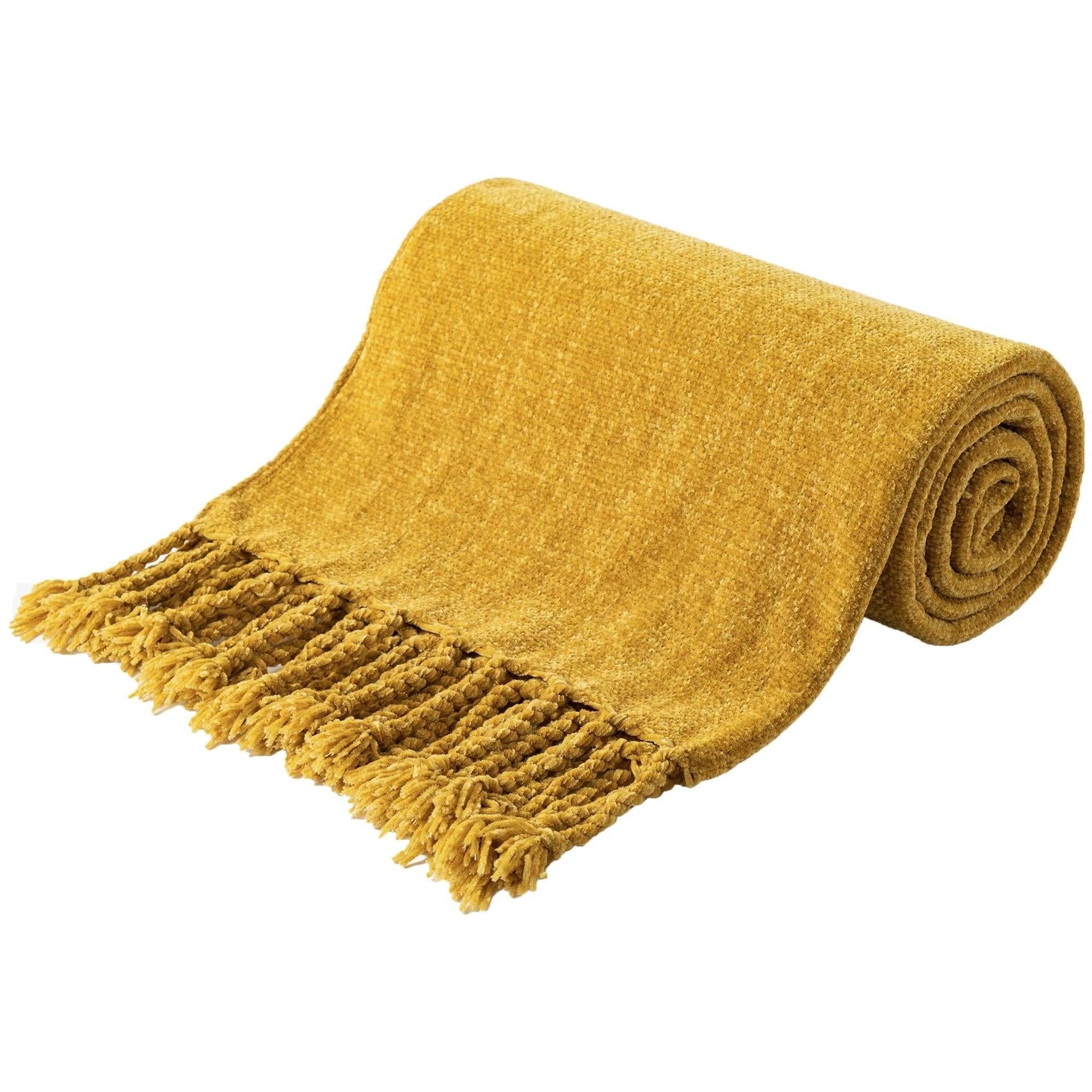 Rolled mustard yellow chenille throw blanket with fringe tassels, made from soft, breathable polyester.