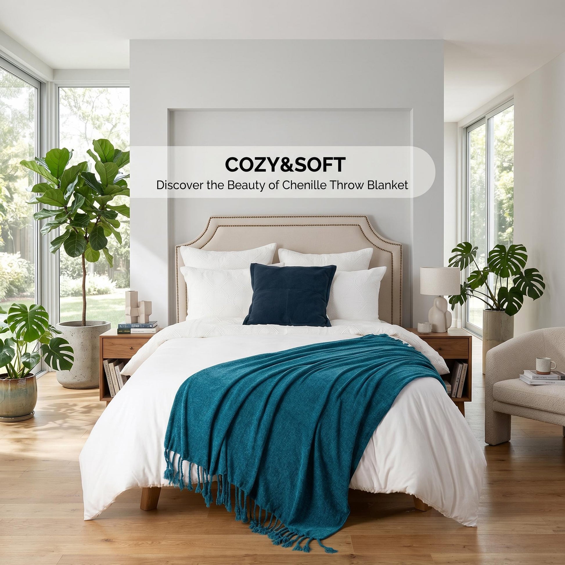 Teal chenille throw blanket with fringe tassels draped over a white bed in a bright, modern bedroom.