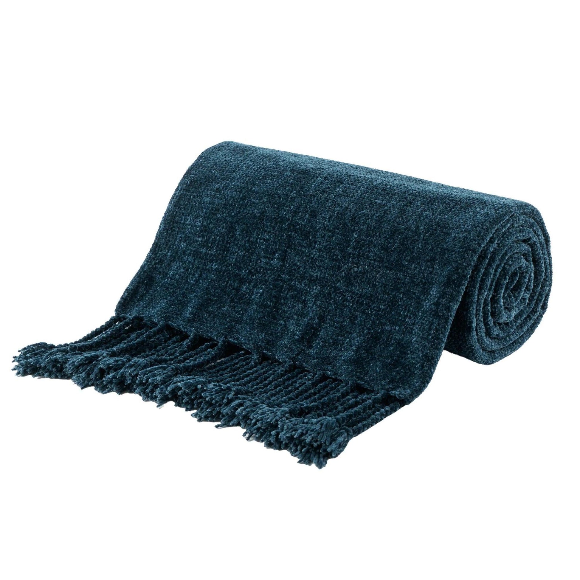 Teal chenille throw blanket with fringe tassels, rolled and draped, showcasing its soft polyester texture.