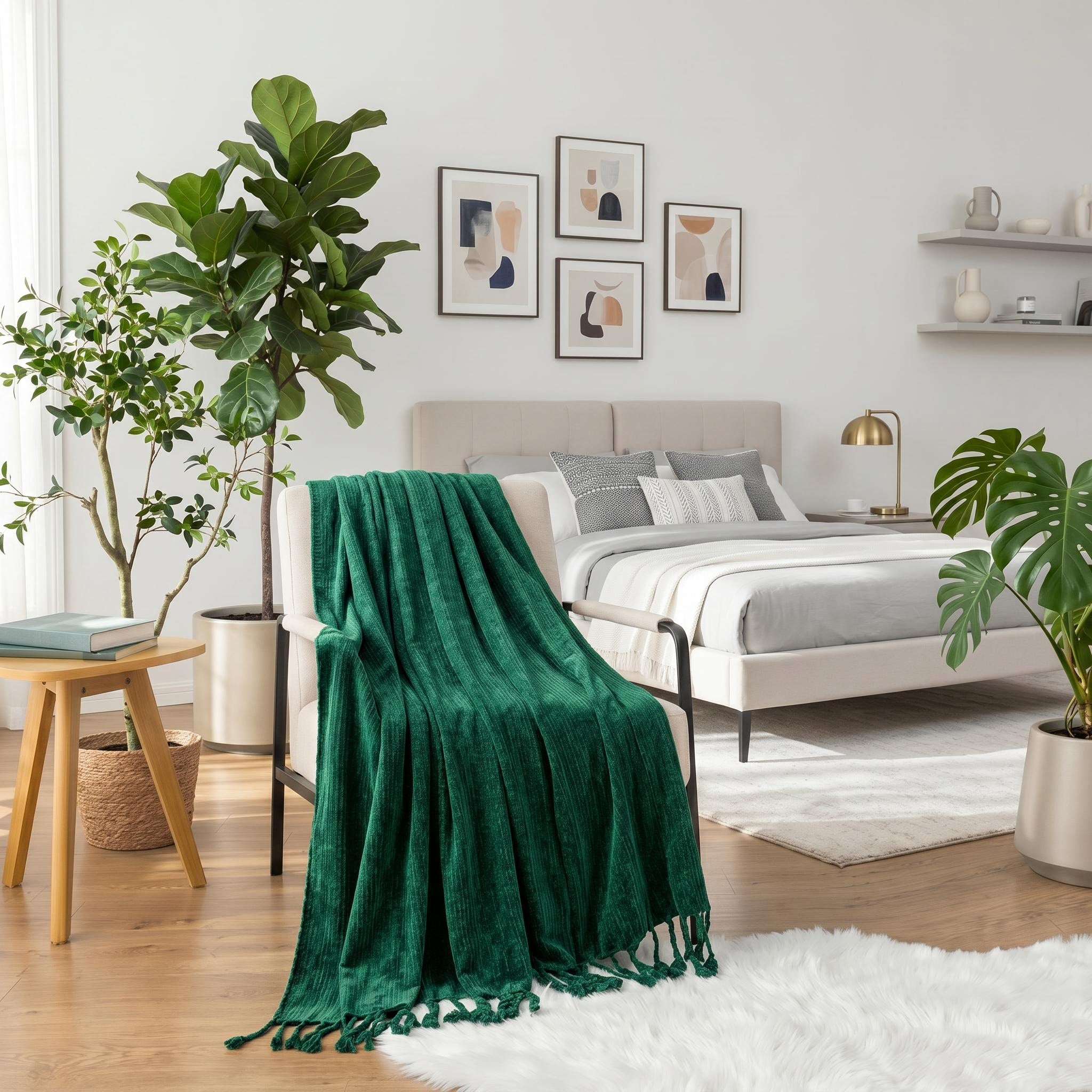 Emerald green chenille throw blanket with fringe tassels draped over a cream armchair in a bright bedroom.