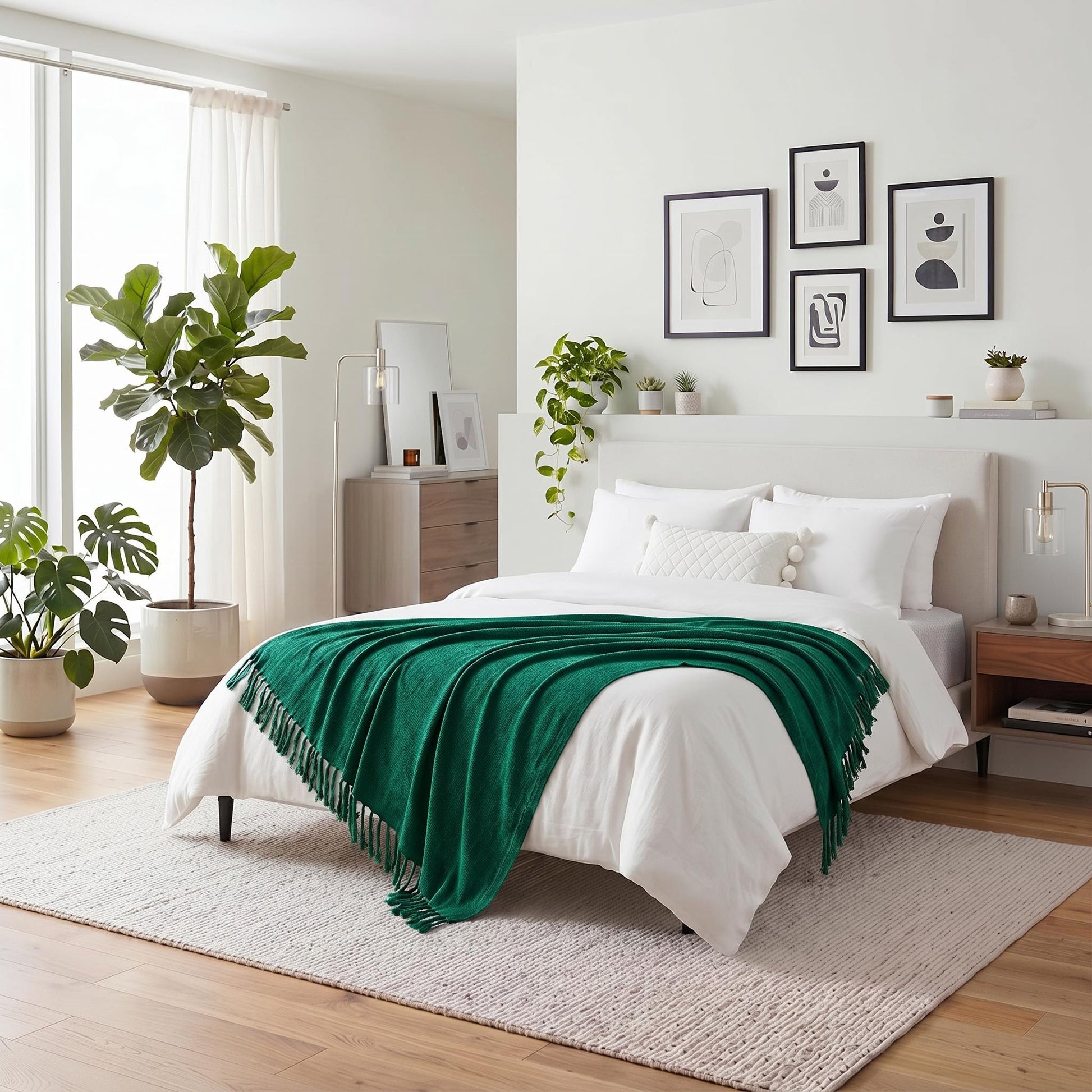 Green chenille throw blanket with fringe tassels draped over a white bed in a modern bedroom.
