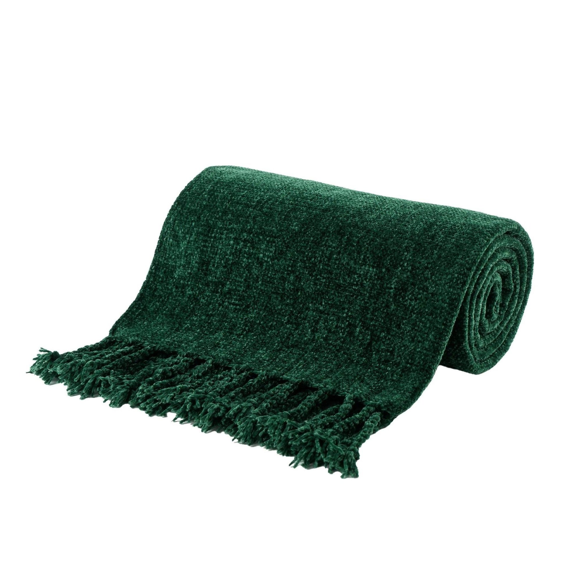 Rolled dark green chenille throw blanket with fringe tassels, made from soft, breathable polyester.