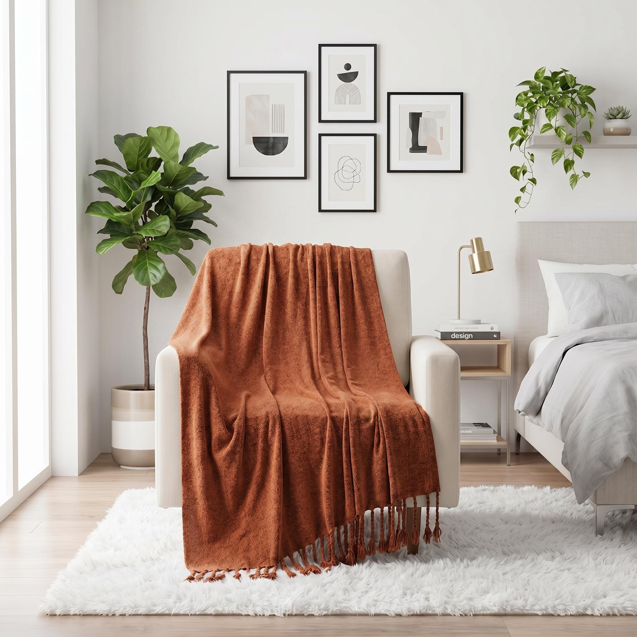 Rust orange chenille throw blanket with fringe tassels draped over a cream armchair in a modern bedroom.