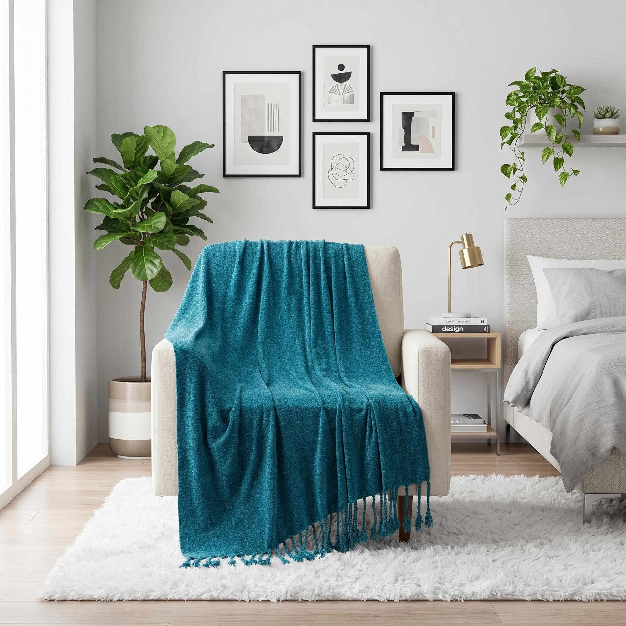 Teal chenille throw blanket with fringe tassels draped over a cream armchair in a modern bedroom.