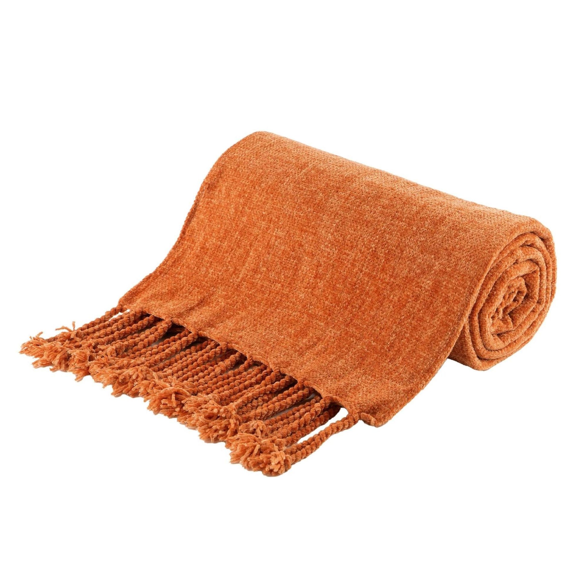 Rolled orange chenille throw blanket with fringe tassels, made from soft, breathable polyester.