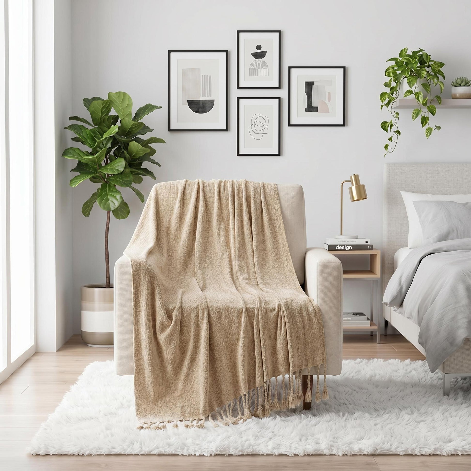 Beige chenille throw blanket with fringe tassels draped over a cream armchair in a modern living space.