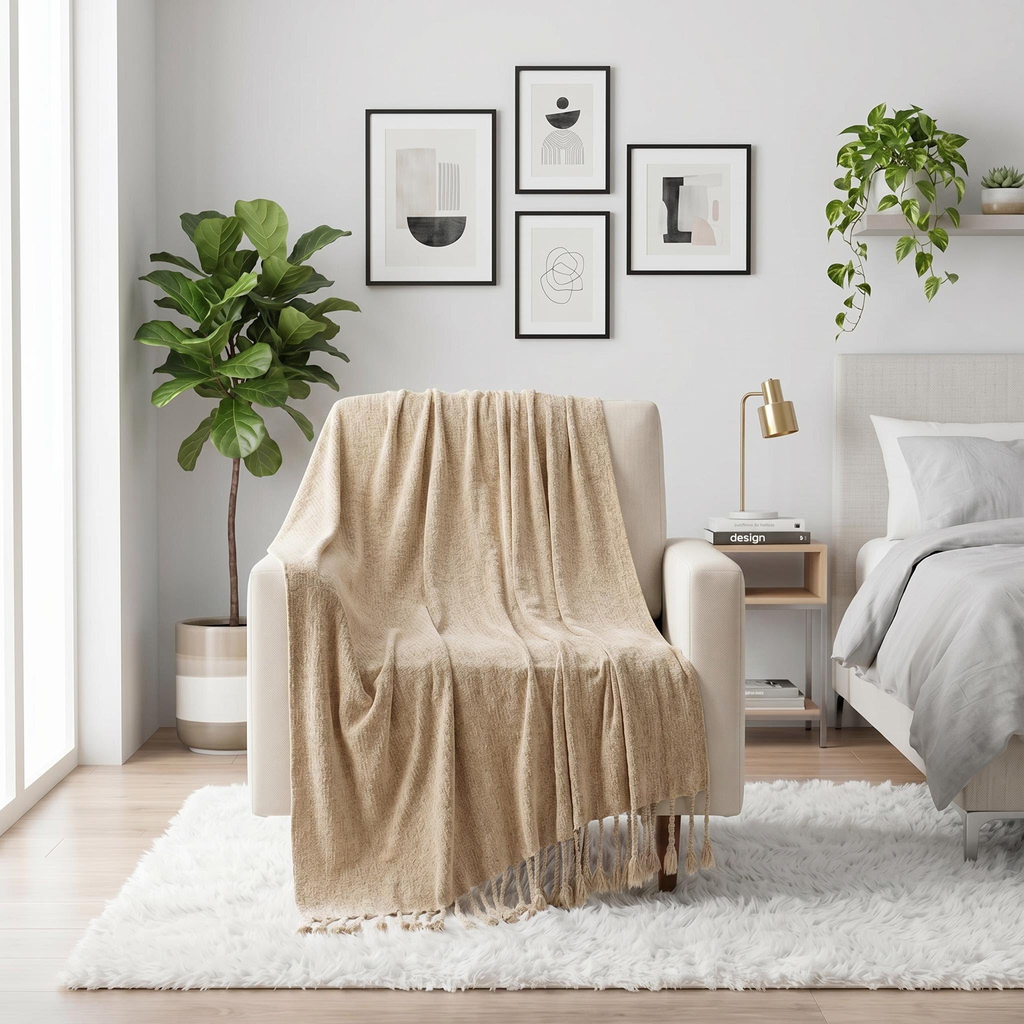 Beige chenille throw blanket with fringe tassels draped over a cream armchair in a modern living space.