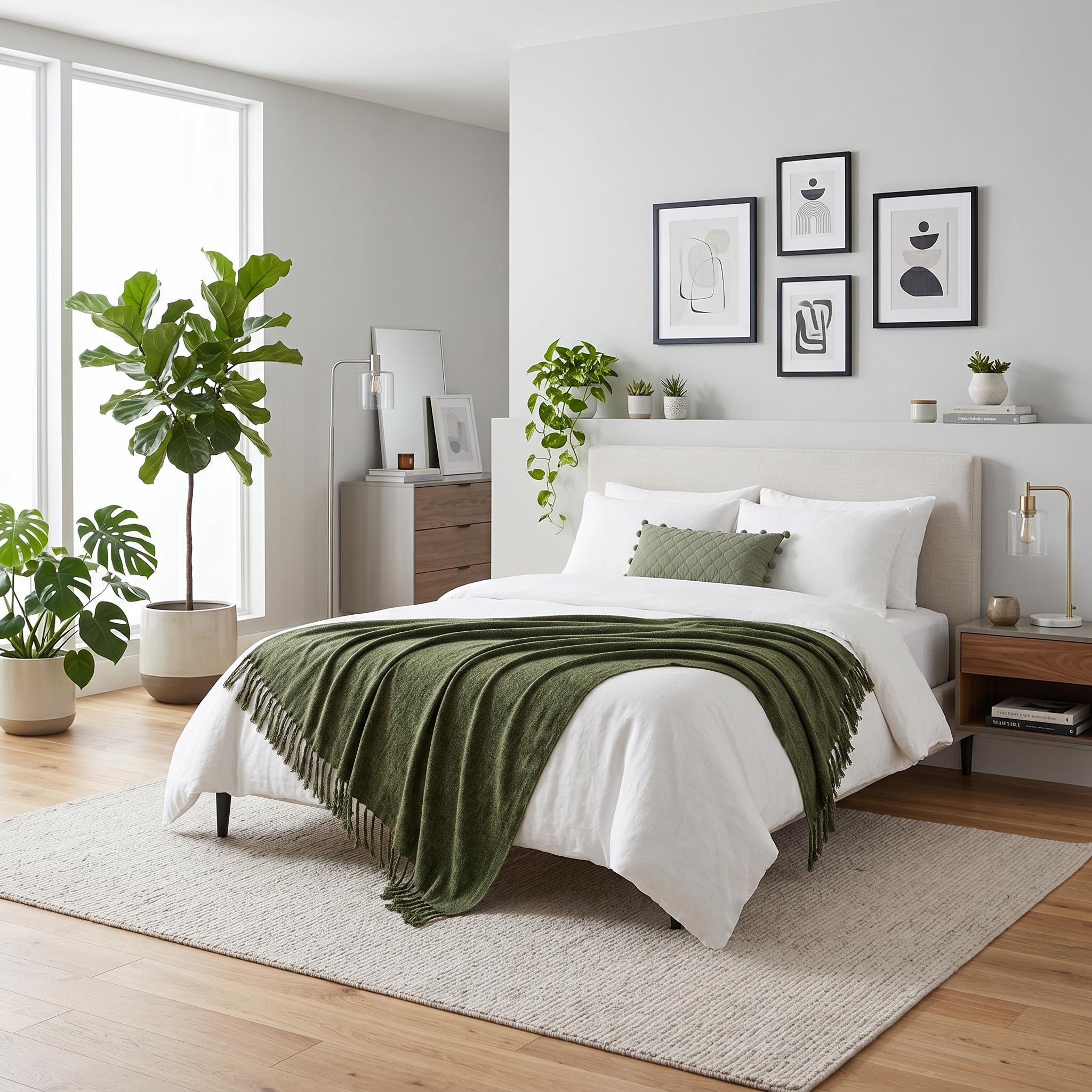 Green chenille throw blanket with fringe tassels draped over a white bed in a modern bedroom.