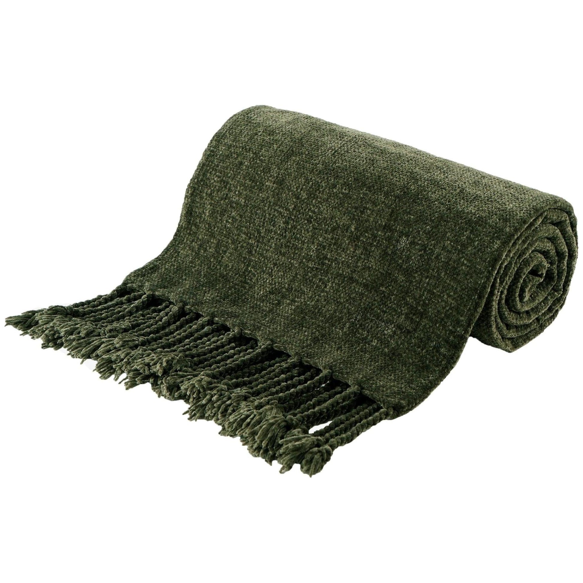 Rolled dark green chenille throw blanket with fringe tassels, made from soft polyester.