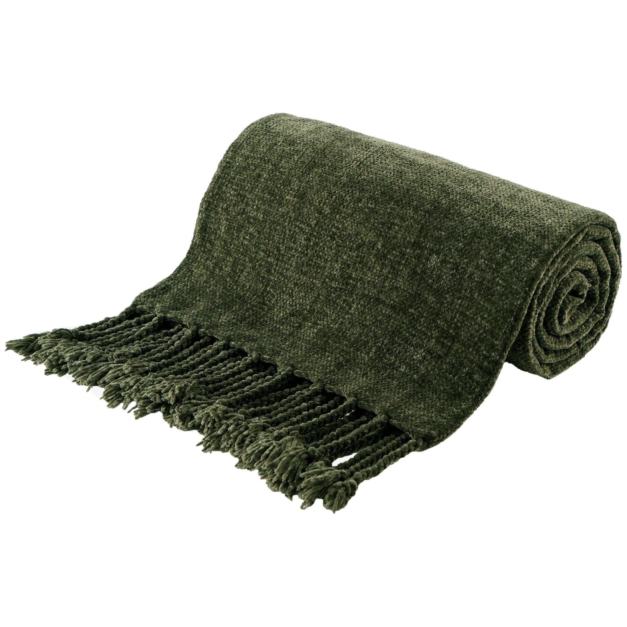 Rolled dark green chenille throw blanket with fringe tassels, made from soft polyester.