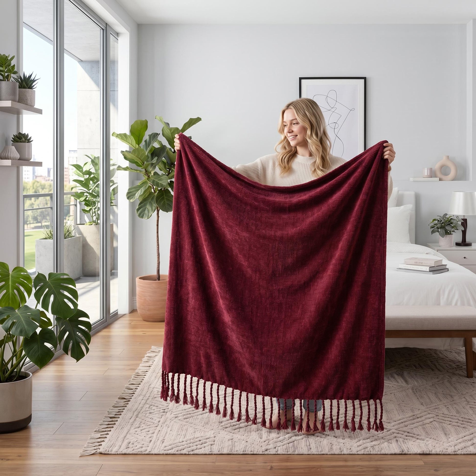 Smiling woman holding a soft, dark red chenille throw blanket with fringe tassels in a bright bedroom.